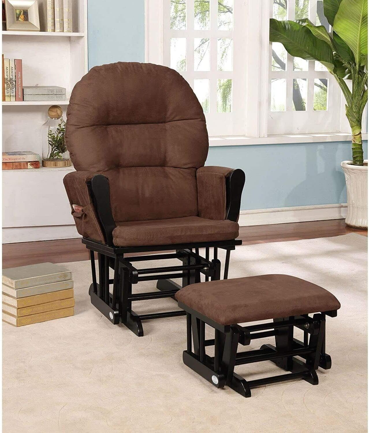 Nursery Glider & Ottoman Sets, Reclining Swivel Glider Rocker with Ottoman, Nursery Rocking Chair for Baby Room, Upholstered Nursery Recliner Glider with Ottoman, Padded Arms - Dark Gray, White