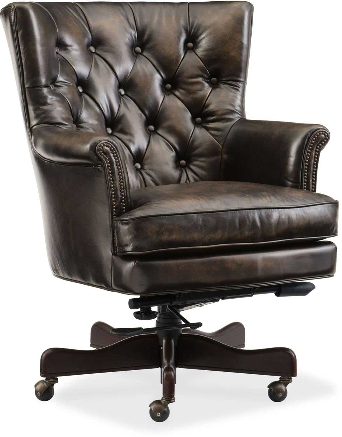 Traditional Brown Leather Swivel Executive Chair with Wood Base