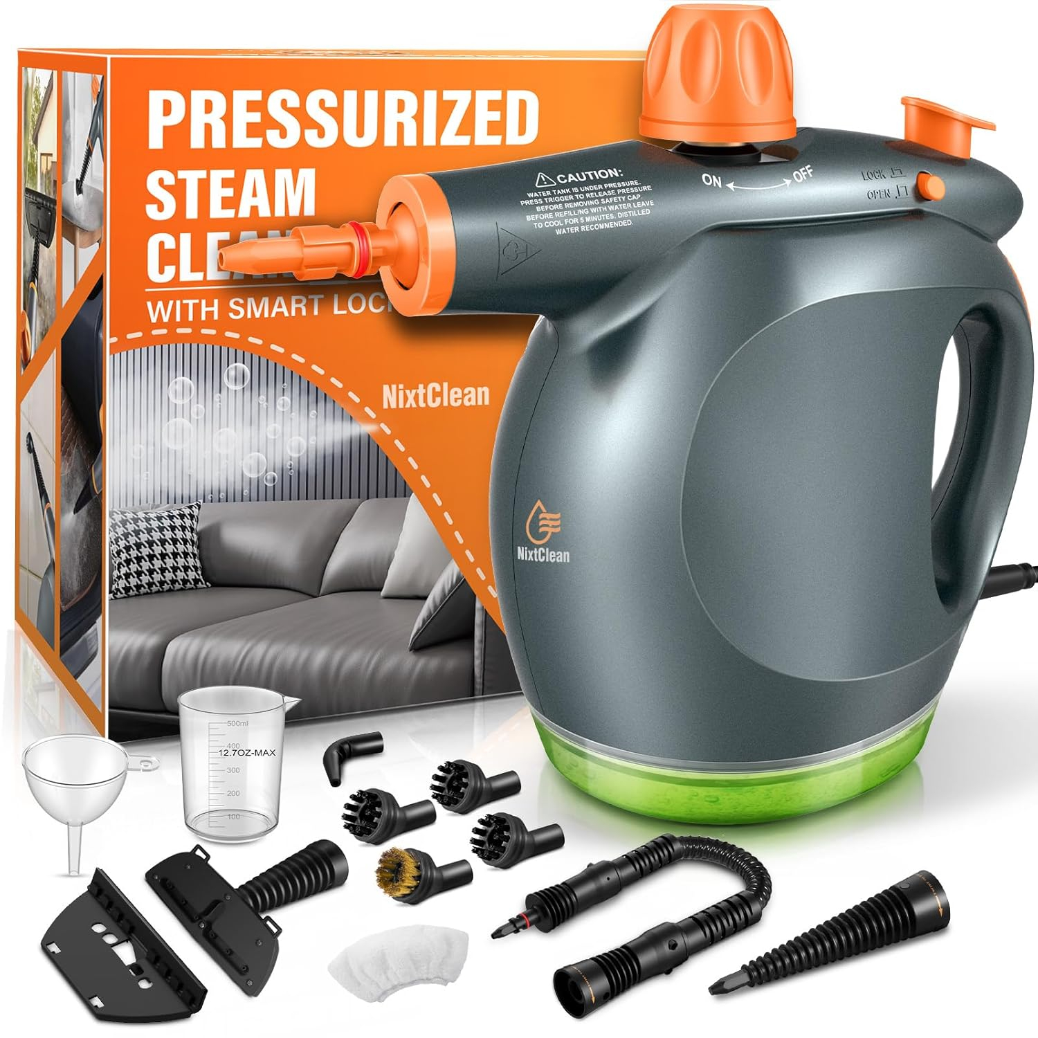 1250W Powerful Handheld Steam Cleaner with Detergent Container and Safety Lock, Multifunctional and Pressurized Hand Held Steamer for Kitchen, Bathroom, Windows and Floors, Steamer for Cleaning