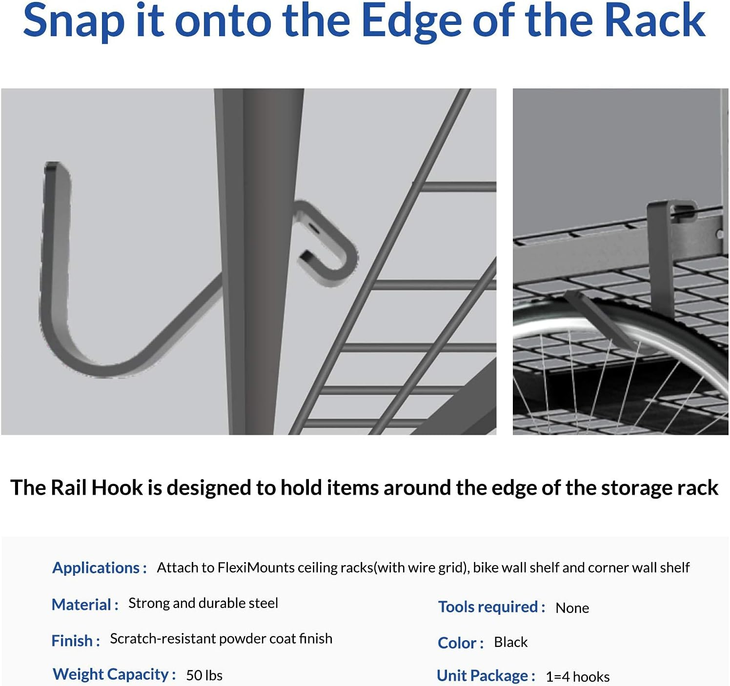 FLEXIMOUNTS 4 Pack Add On Storage Rail Hook Accessory for Ceiling Rack and Wall Shelving, Max Weight Capacity up to 50lbs, Black