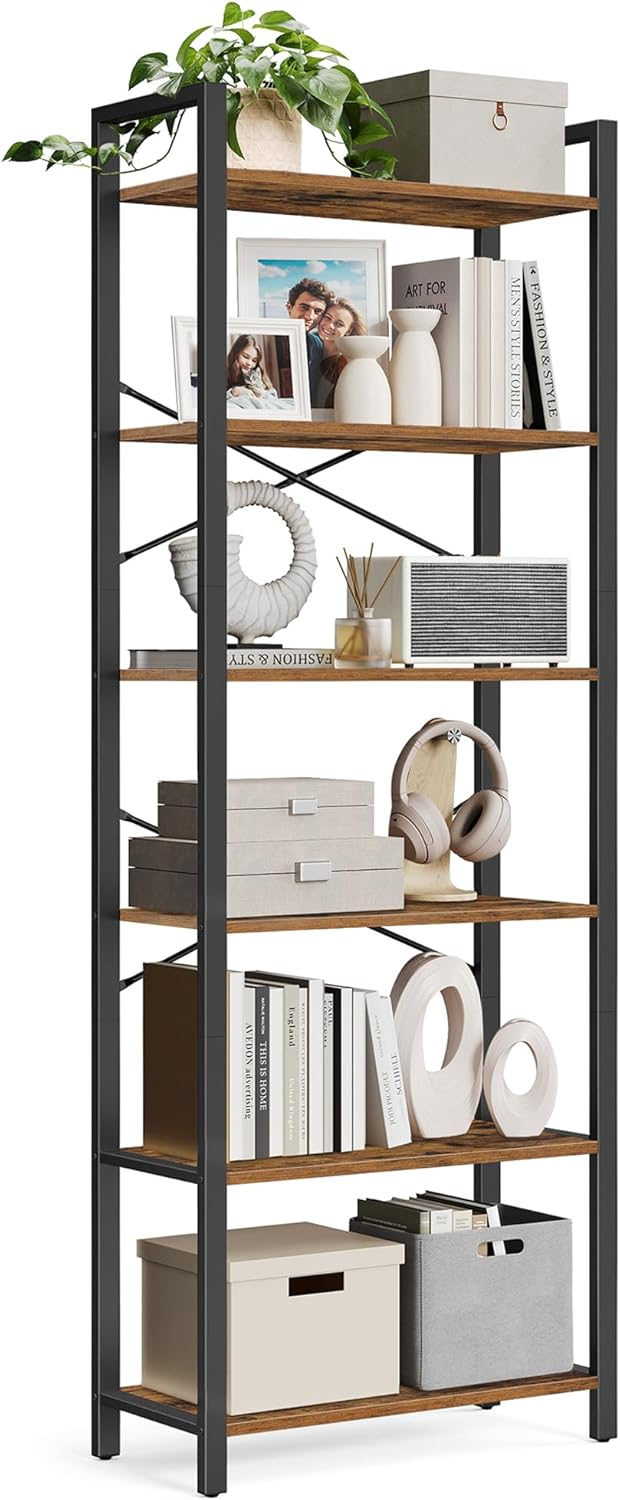 6-Tier Tall Bookshelf Large Bookcase with Steel Frame Deep Book Shelf for Living Room Home Office Study Rustic Brown and Black