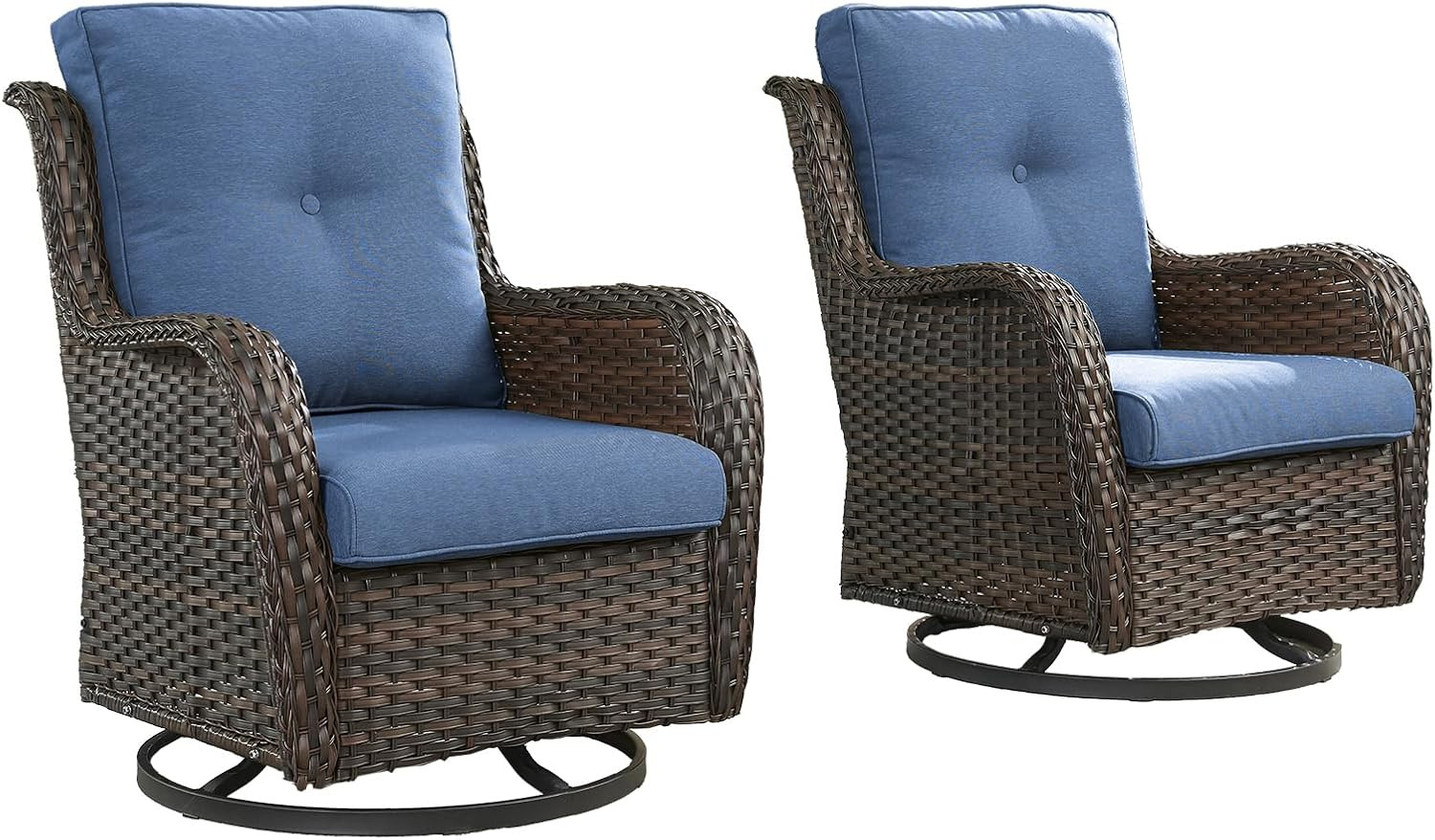 Outdoor Swivel Rocker Patio Chairs-Wicker Patio Swivel Chairs Set of 2 PE Rattan Patio Furniture for Porch Deck Balcony Garden-Brown/Blue