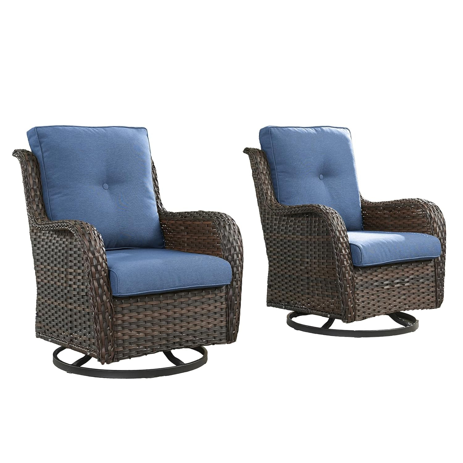 Outdoor Swivel Rocker Patio Chairs-Wicker Patio Swivel Chairs Set of 2 PE Rattan Patio Furniture for Porch Deck Balcony Garden-Brown/Blue