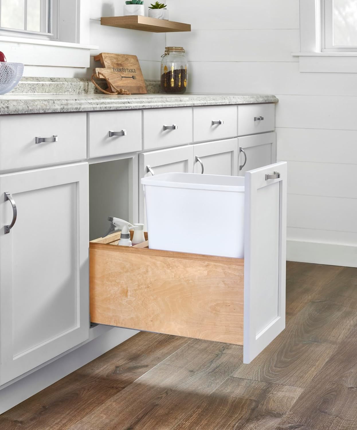 Rev-A-Shelf 4Vlwcsc-1535Dm-1 Value Line 21-1/2" Wood Bottom Mount 35 Quart / 9 Gallon Pull
