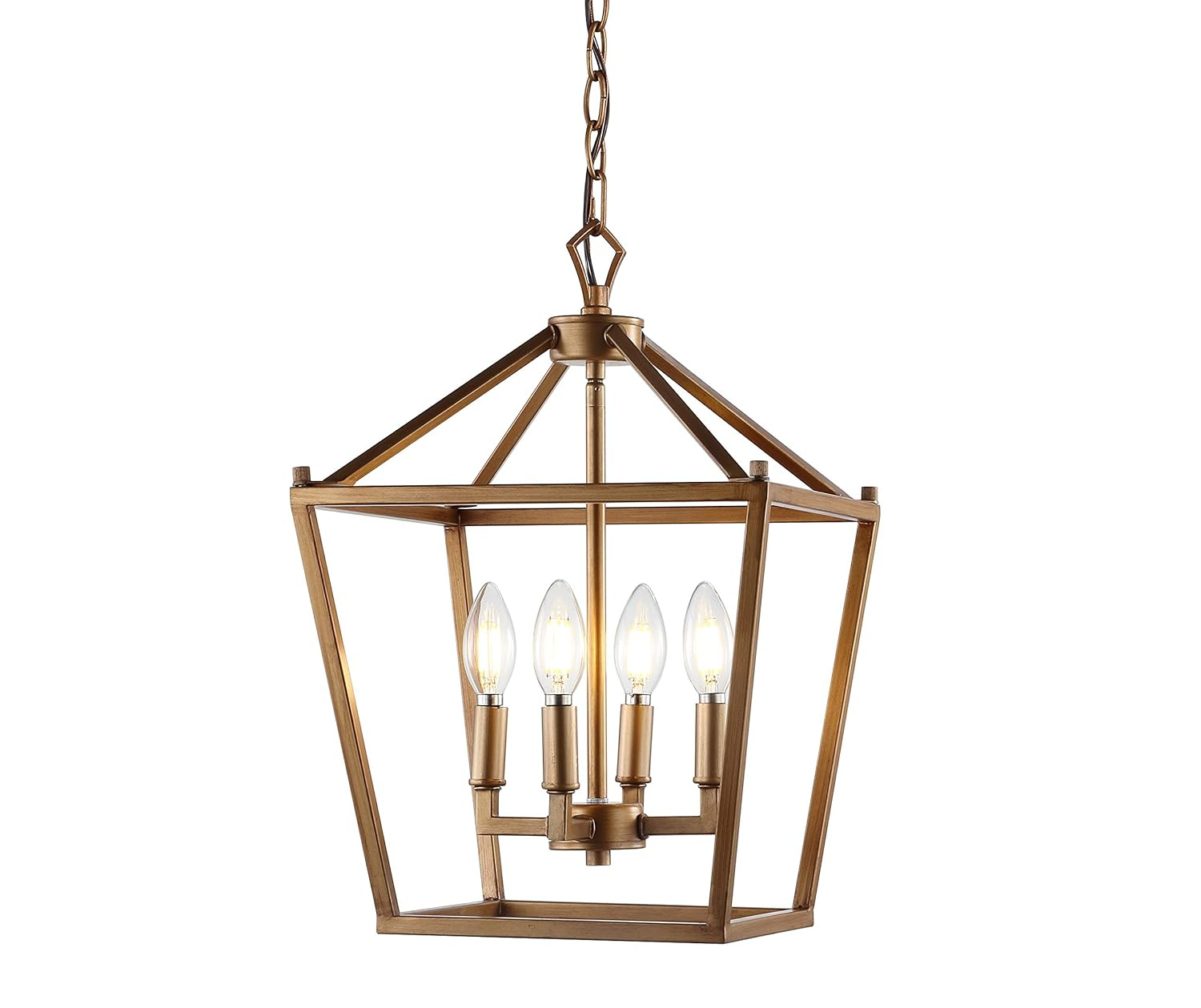 JONATHAN Y Marion Lantern Metal LED Pendant, by JONATHAN  Y Antique Gold 4 12" Antiqued Adjustable N/A,Gold 7 to 12 Inches