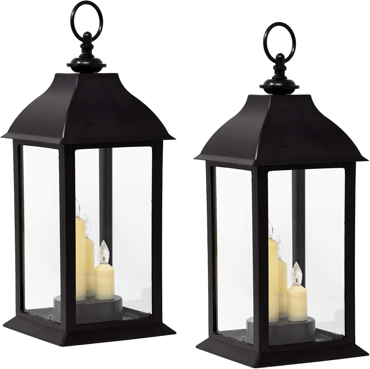 Black Powder Coated LED Flameless Taper Candle Lanterns Set