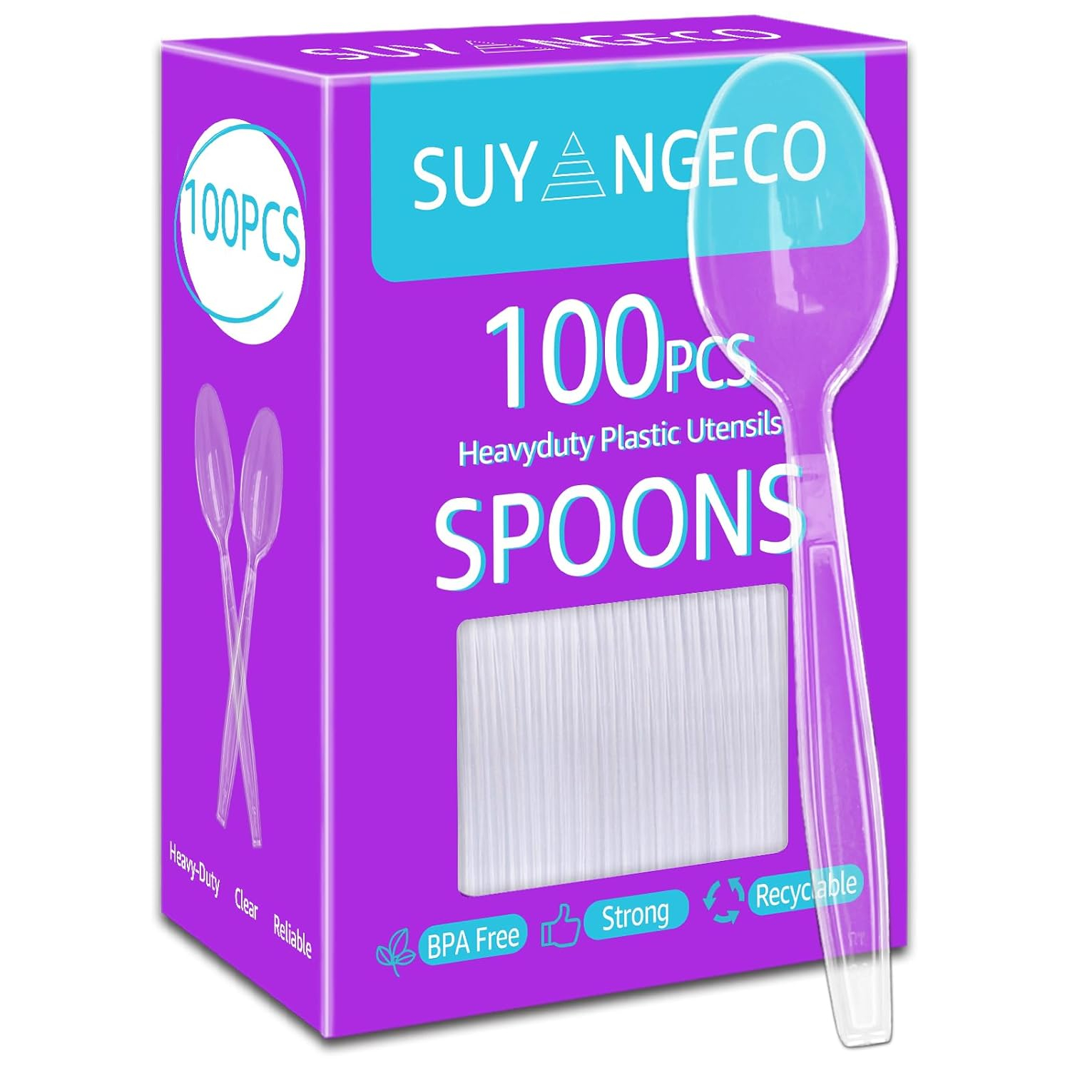 Comfy Package [100 Pack] Heavy Duty Disposable Clear Plastic Spoons - Plastic Silverware, Basic Cutlery for Parties, Events, and Everyday Use