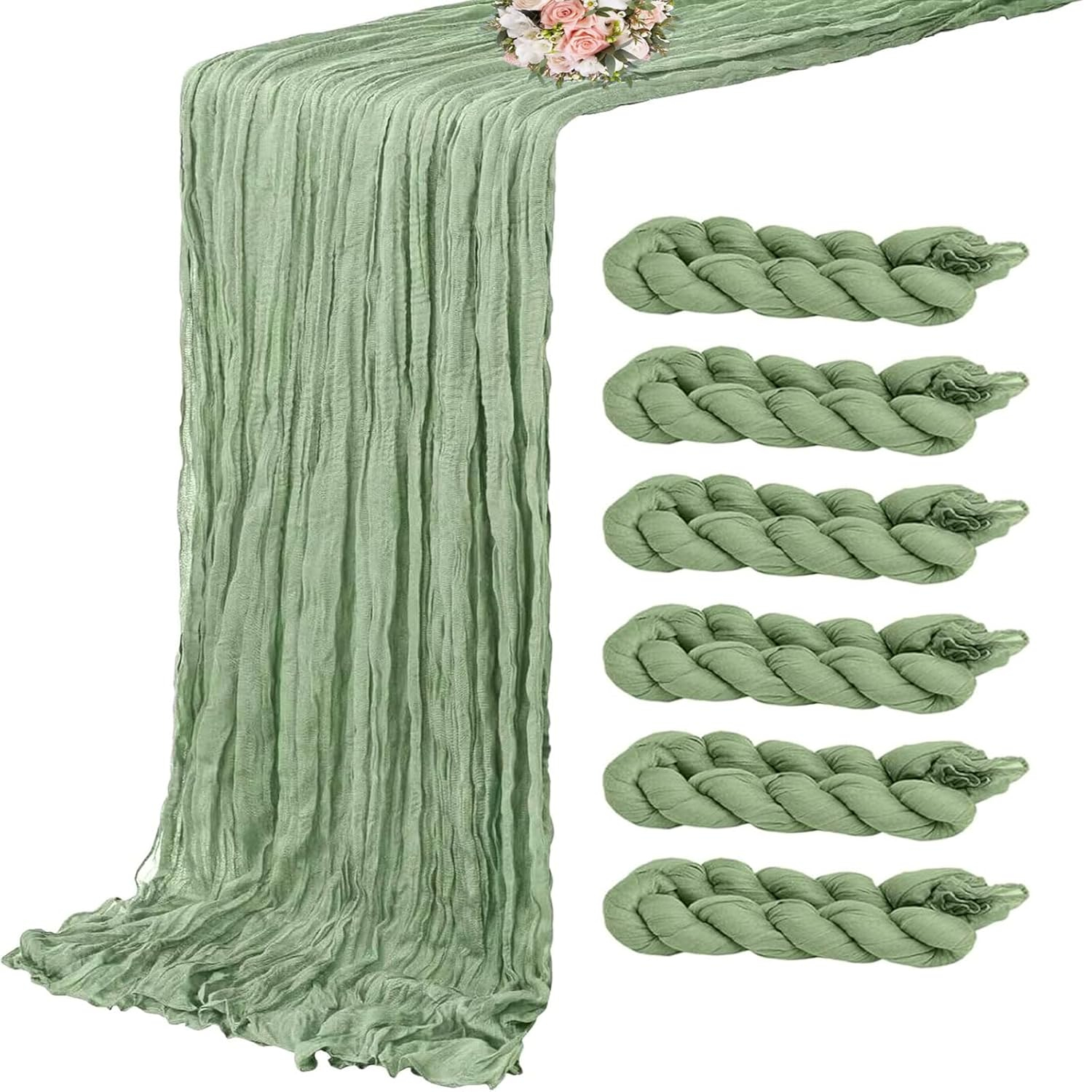 Mint Green Cheesecloth Table Runner 6 Pack 35" Boho Gauze Runner 120 inches Long Tablecloth Runner Rustic Sheer Fabric Bulk for Baby Shower Wedding Bridal Birthday Party Table Decorations