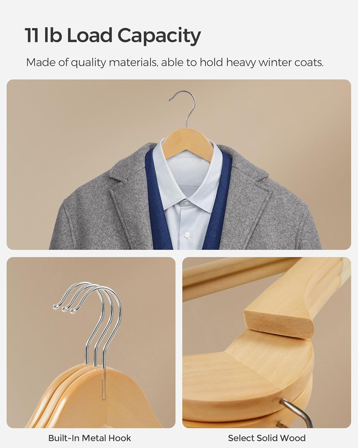 Natural Wooden Hangers with Velvet Surface and Swivel Hook, Set of 20