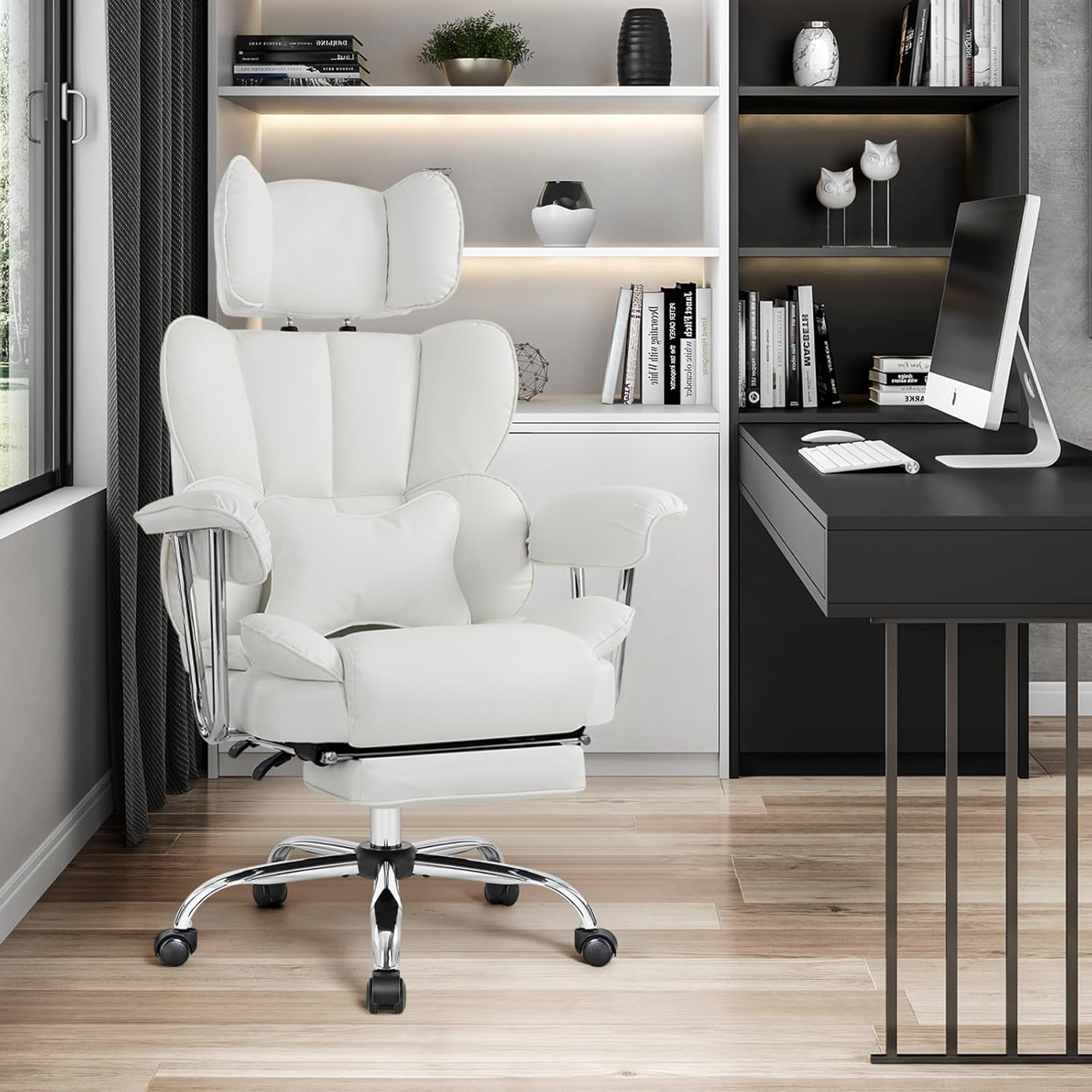 Back PU Leather Office Chair, Big and Tall Executive Desk Chair with Footrest & Lumbar Cushion, Lifting Headrest Ergonomic Computer Chair, Managerial Chair with Wide Seat & Armrests,White