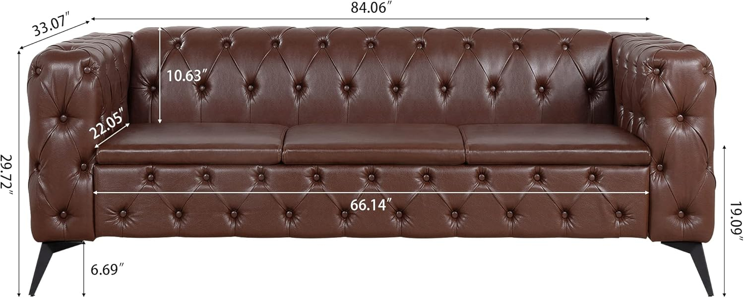QHITTY Chesterfield Tufted Sofa, Leather Couch Accent Upholstered 3 Seater Button Sofa with Tufted Back for Living Room Bedroom Furniture (Dark Brown)