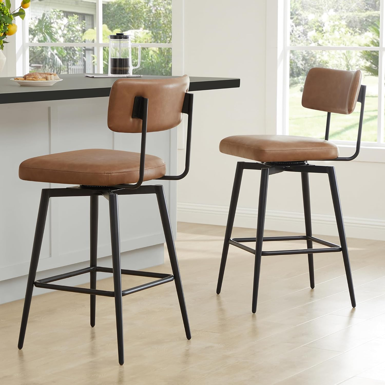 Watson & Whitely Swivel Counter Height Bar Stool Chairs Set of 2, 27.4" Faux Leather Upholstered Counter Stools with Back and Metal Frame, Saddle Brown