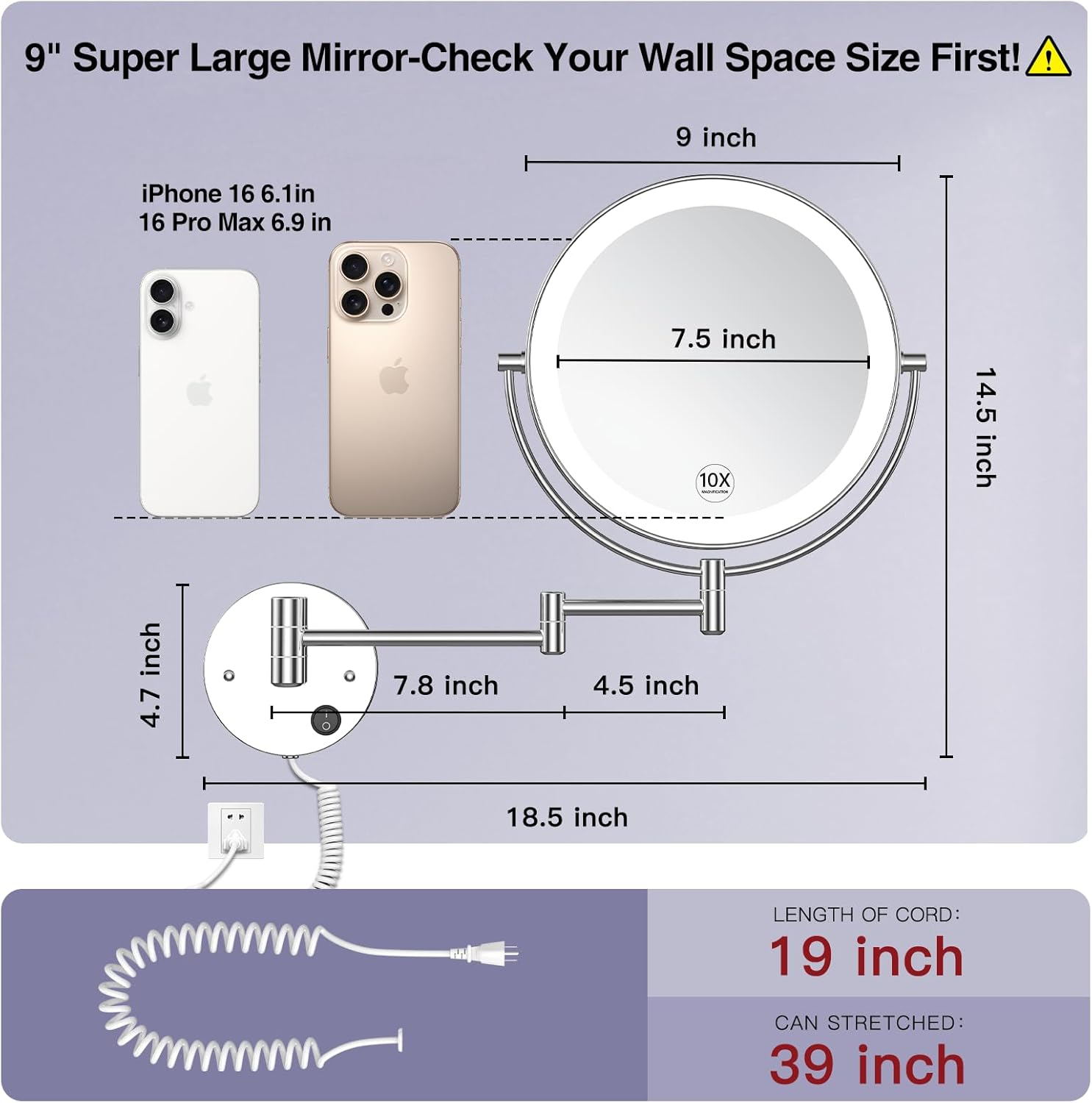 Benbilry 9" Large Size Wall Mounted Makeup Vanity Mirror, 1X/10X Magnifying Double Sided Shaving Mirror for Bathroom, 360° Swivel Extendable Arm Nickel Finish