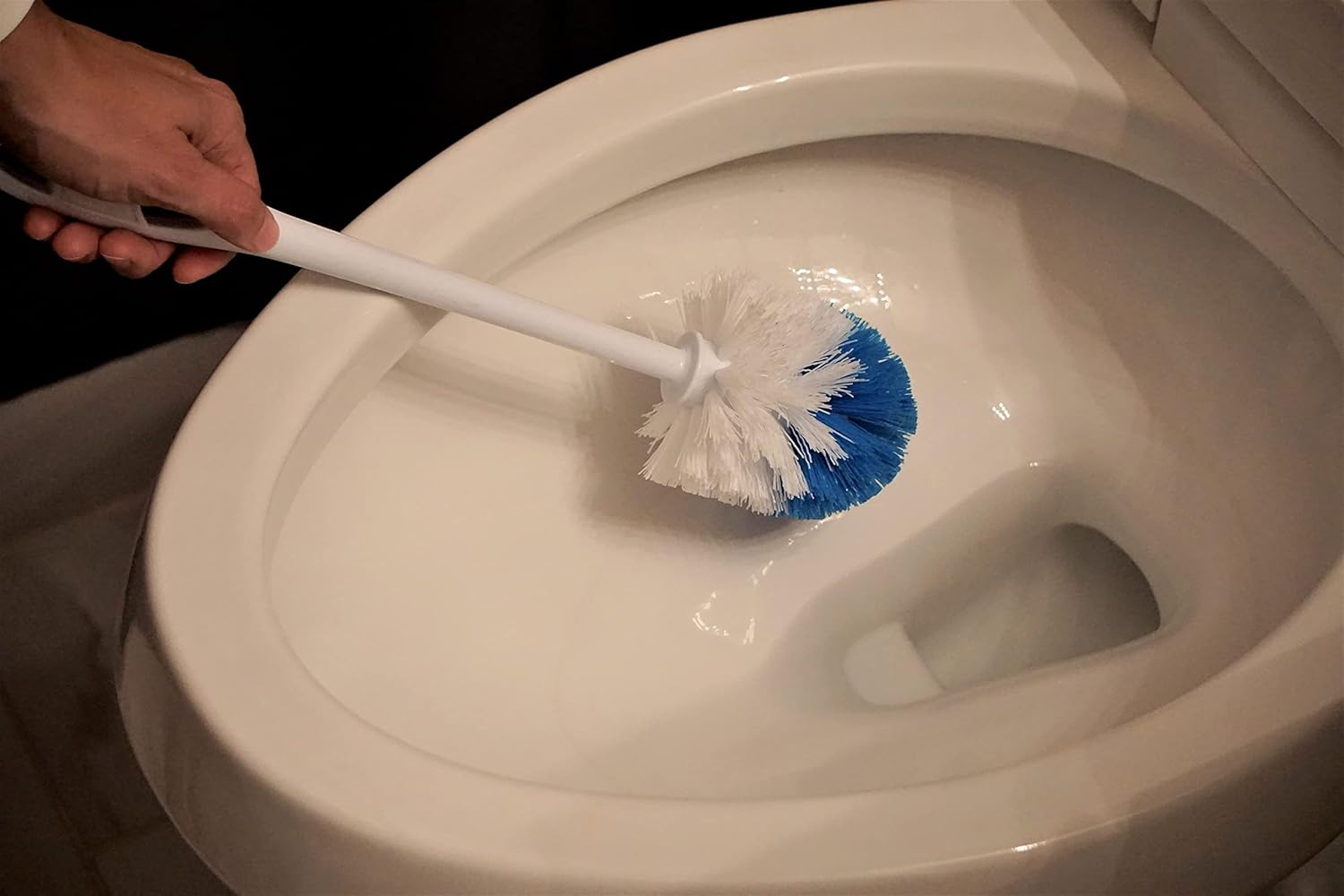 Quickie European Bowl Brush, 14-Inch, Blue, Poly Fibers with Curved Head for Cleaning Under Rims in Bathroom/Restroom
