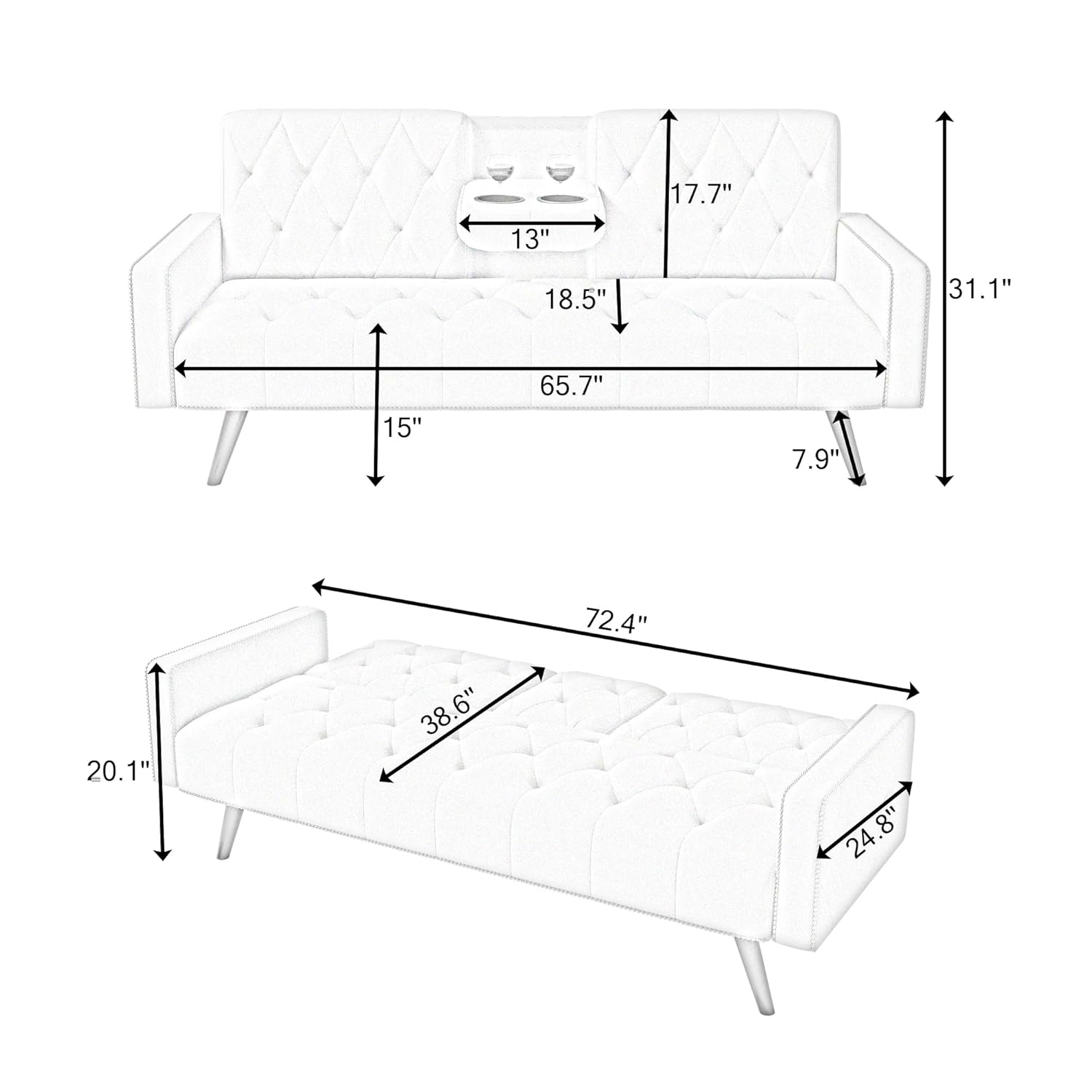 Modern Futon Sofa Bed, Armrest With Nail Head Trim, Convertible Sofa Bed, with 2 Cup Holders, 72" Velvet Loveseat Sofa Couch, Upholstered Sleeper Sofa Bed for Small Space