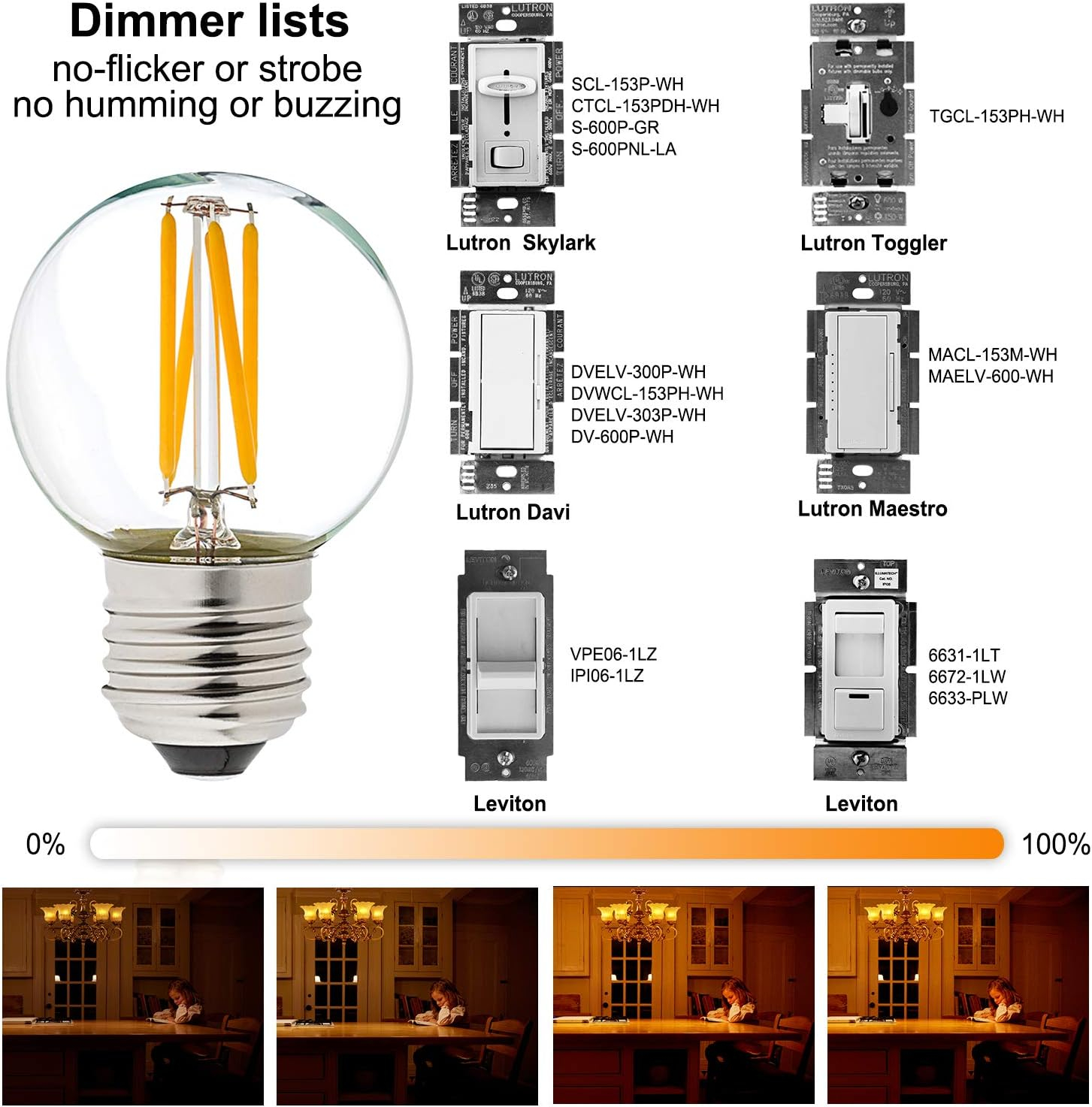 LiteHistory Dimmable 40W g16.5 Edison Bulb - 2700K 4W e26 Globe Bulb for Ceiling Fans, Chandeliers, Vanity Lights - AC120V 400lm 6Pack
