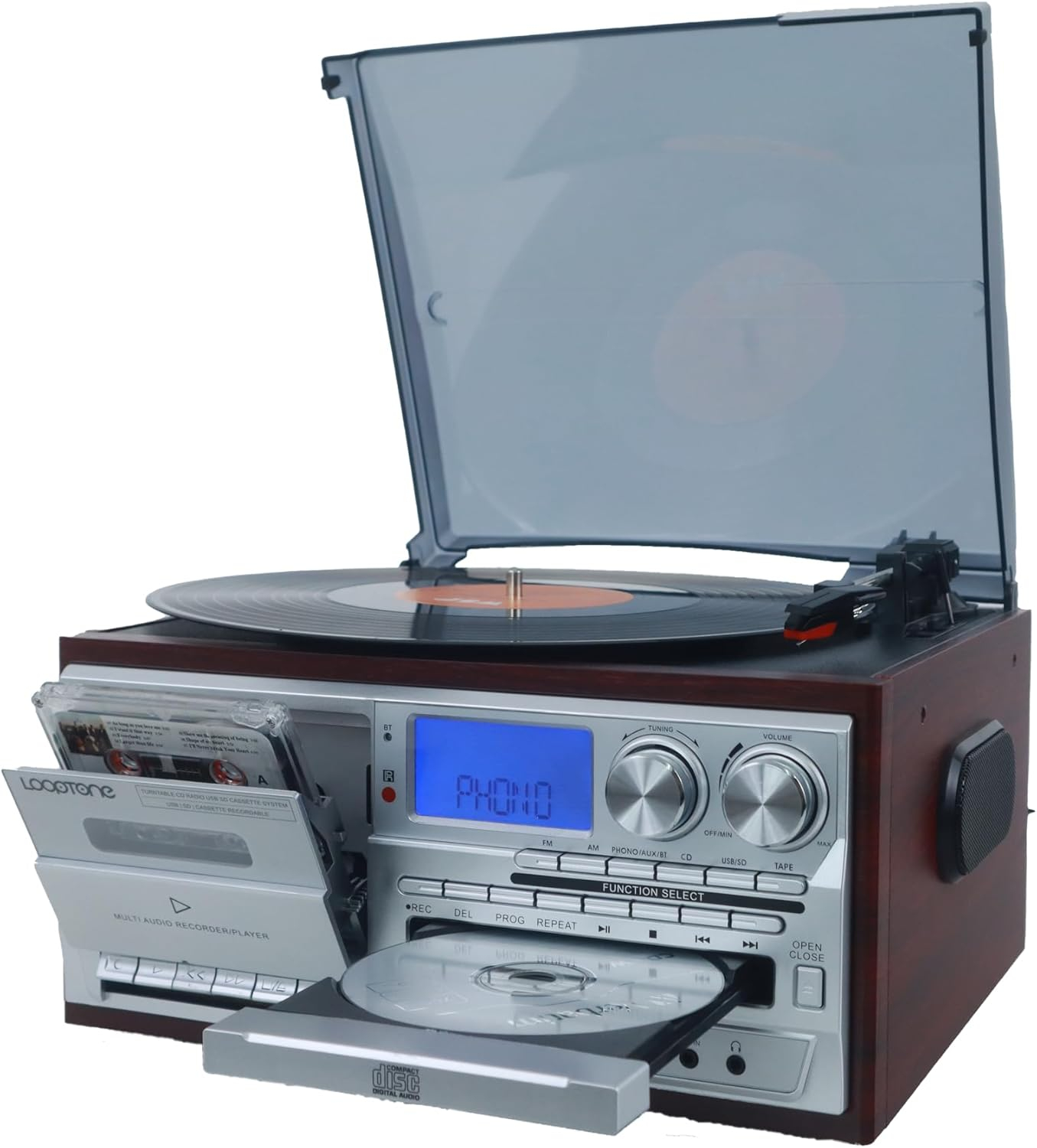 Record Player 9 in 1 3 Speed Bluetooth Vintage Turntable CD Cassette Vinyl Player AM/FM Radio USB/SD Encoding Aux-in RCA Line-Out (Silver)