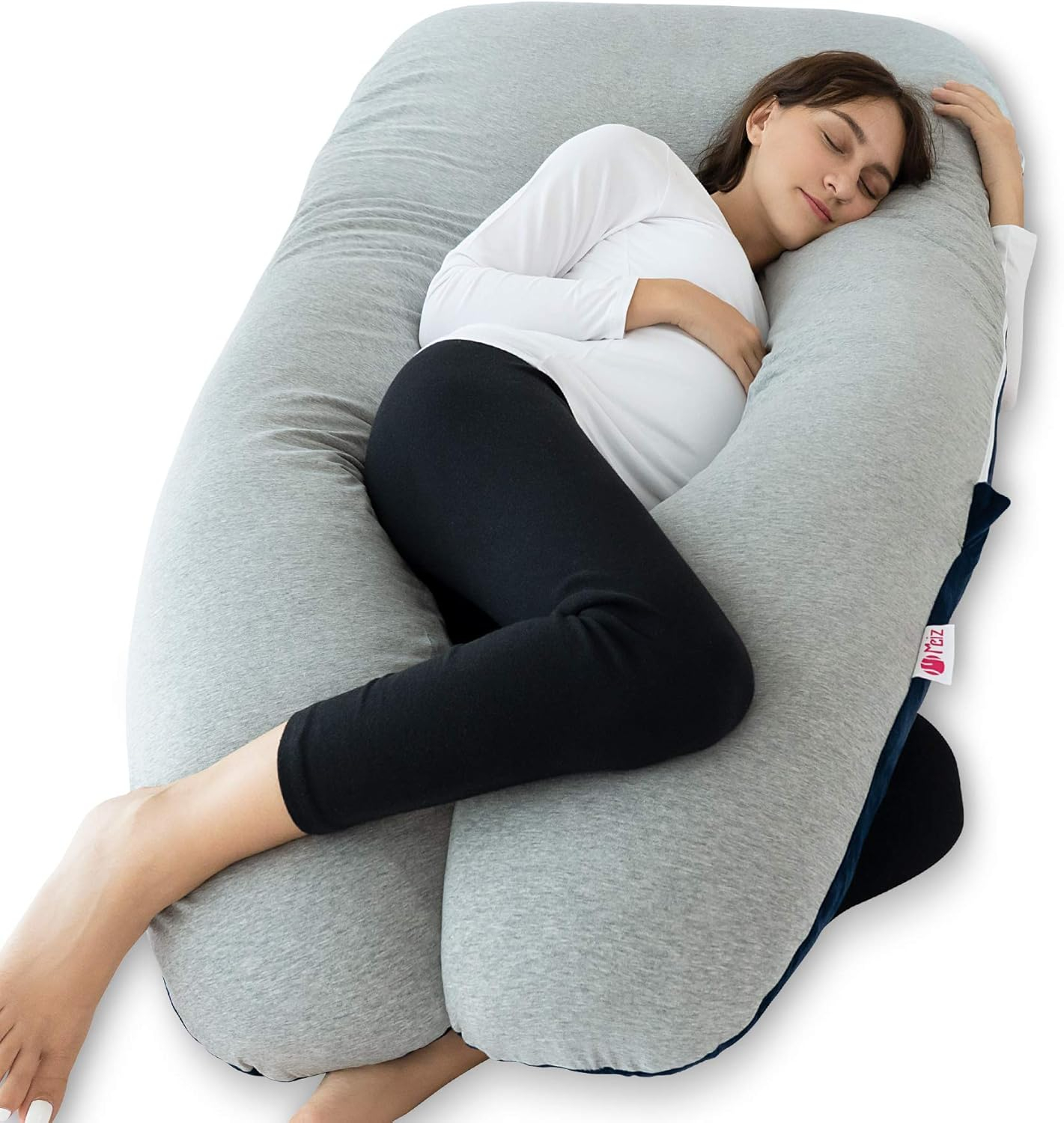 Meiz Pregnancy Pillow, Cooling Pregnancy Pillows for Sleeping, Full Body Pregnancy Pillow with Reversible Cooling Jersey Cover & Velvet Cover, Blue & Grey
