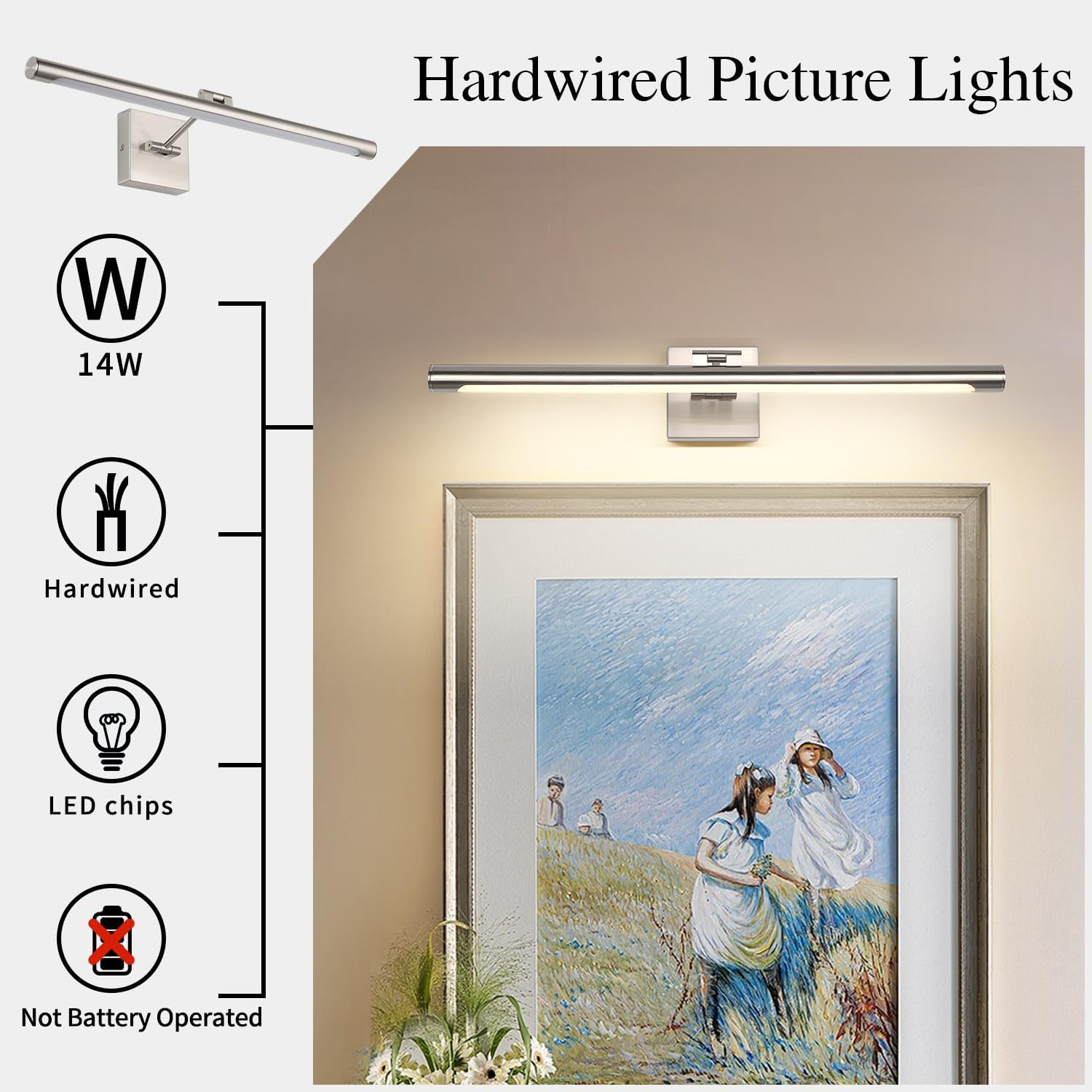 Joosenhouse Modern LED Picture Light Fixtures 24.4" Inch, Artwork Accent Lights with Single Swing Arm for Painting, Brushed Nickel, 14W (80W Eqv.), Warm White 3000K, Hardwire Connection…