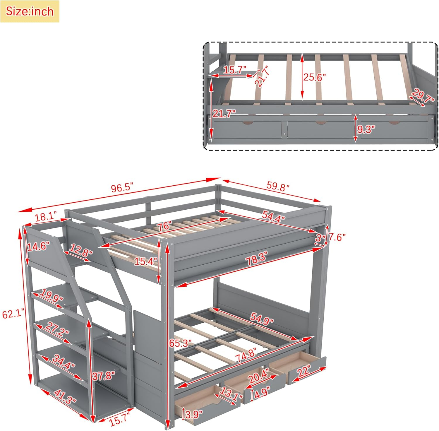 Harper & Bright Designs Full Over Full/Futon Bunk Beds with Stairs and 3 Drawers, Built-in Shelf, Bottom Bed can be Converted into Daybed, Solid Wood Bunk Bed Frame - Gray