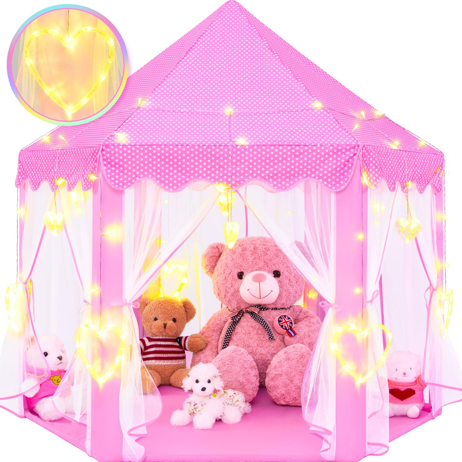 EVOIONOS Princess Tent for Girls, Kids Play Tent with LED Star Lights, Castle Playhouse for Children Indoor Outdoor Games, 55X53 inches, Pink