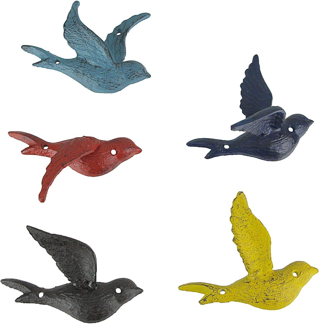 Zeckos Colorful Cast Iron Flying Bird Decorative Wall Décor Set of 5