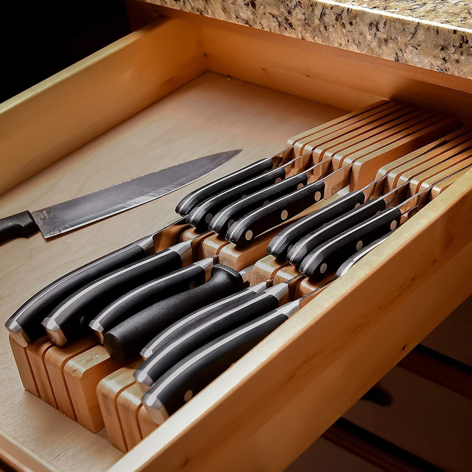 Homemaid Living In-Drawer Bamboo Knife Block - Holds 14 Knives Plus a Slot for Knife Sharpener - Premium Knife Drawer Organizer (2” Tall, 17” Deep)