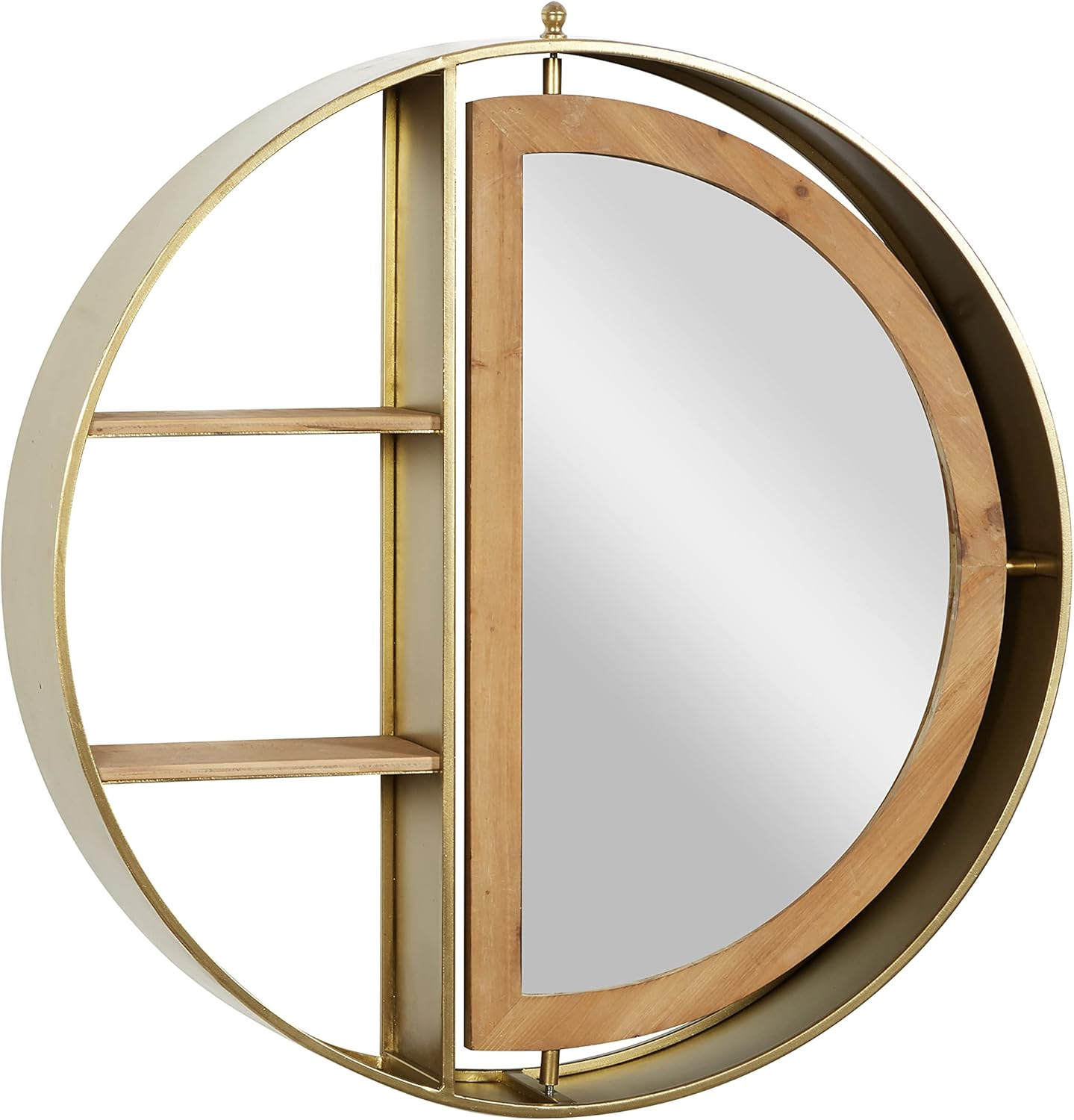 DecMode 28" x 5" 2-Tier Gold Wall Shelf with Half Moon Shaped Mirror