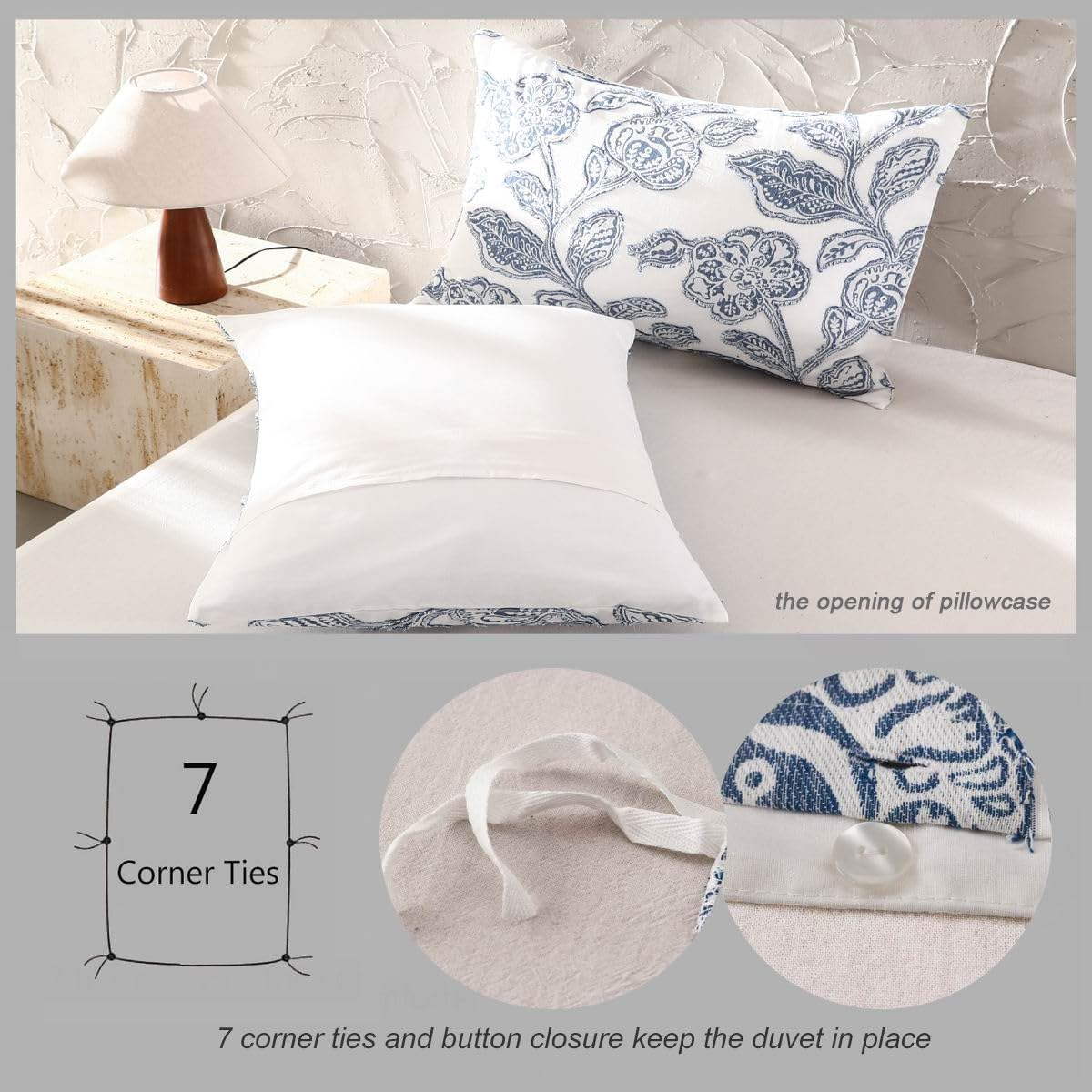 Queen Blue Cotton Jacquard Floral Duvet Cover Set