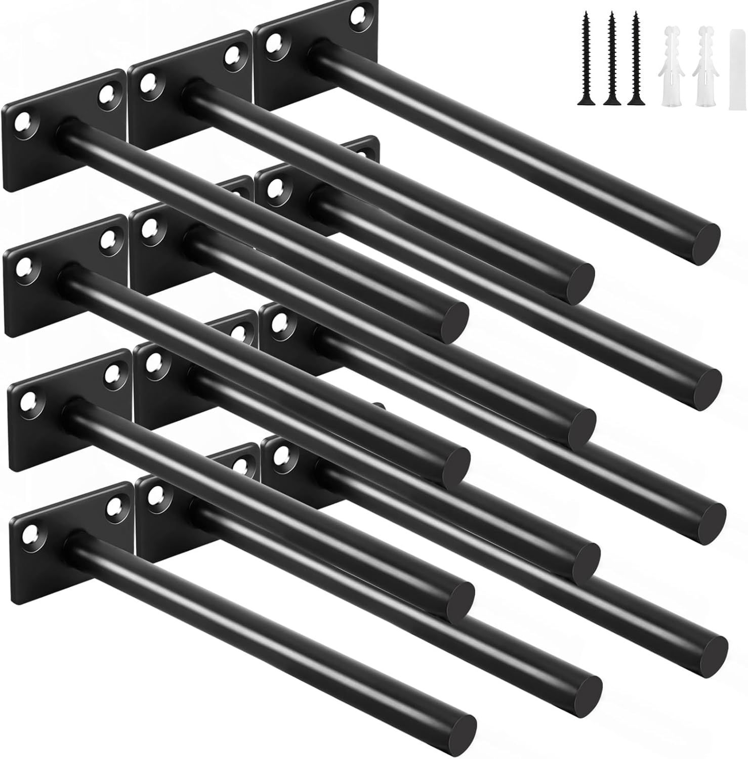 8 Pcs 6" Black Solid Steel Floating Shelf Bracket Blind Shelf Supports - Hidden Brackets for Floating Wood Shelves - Concealed Blind Shelf Support – Screws and Wall Plugs Included