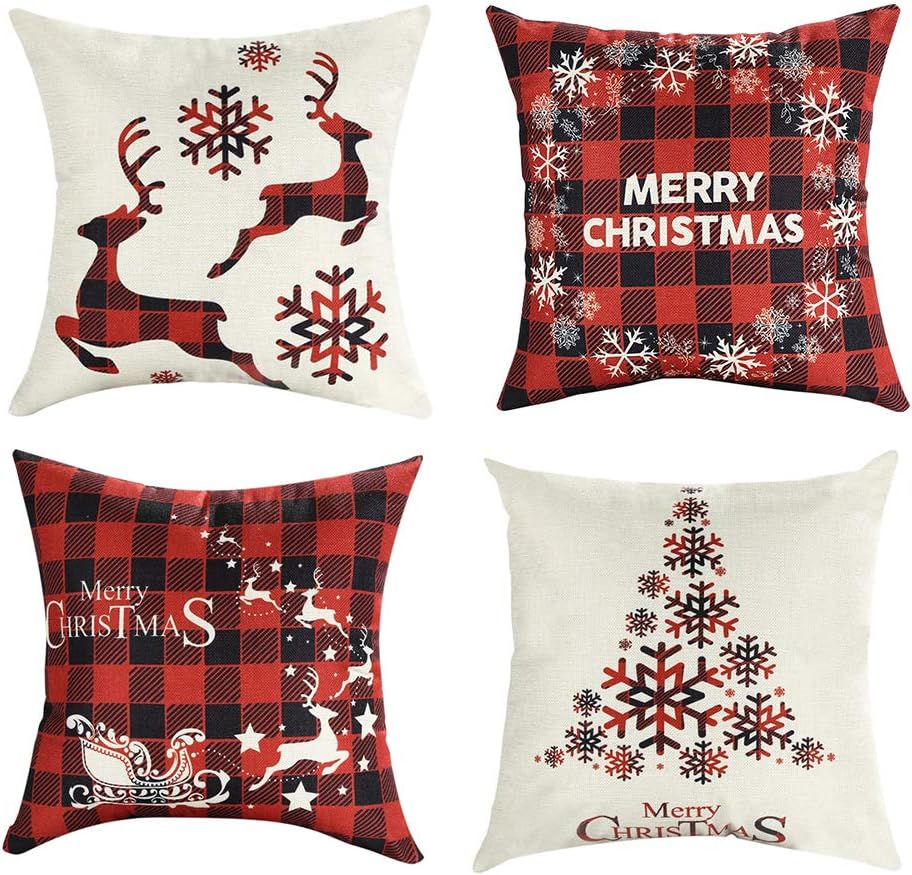 18x18 Christmas Throw Pillow Covers, Decorative Outdoor Farmhouse Merry Christmas Xmas Christmas Tree Pillow Shams Cases Slipcovers Set of 4 for Couch Sofa