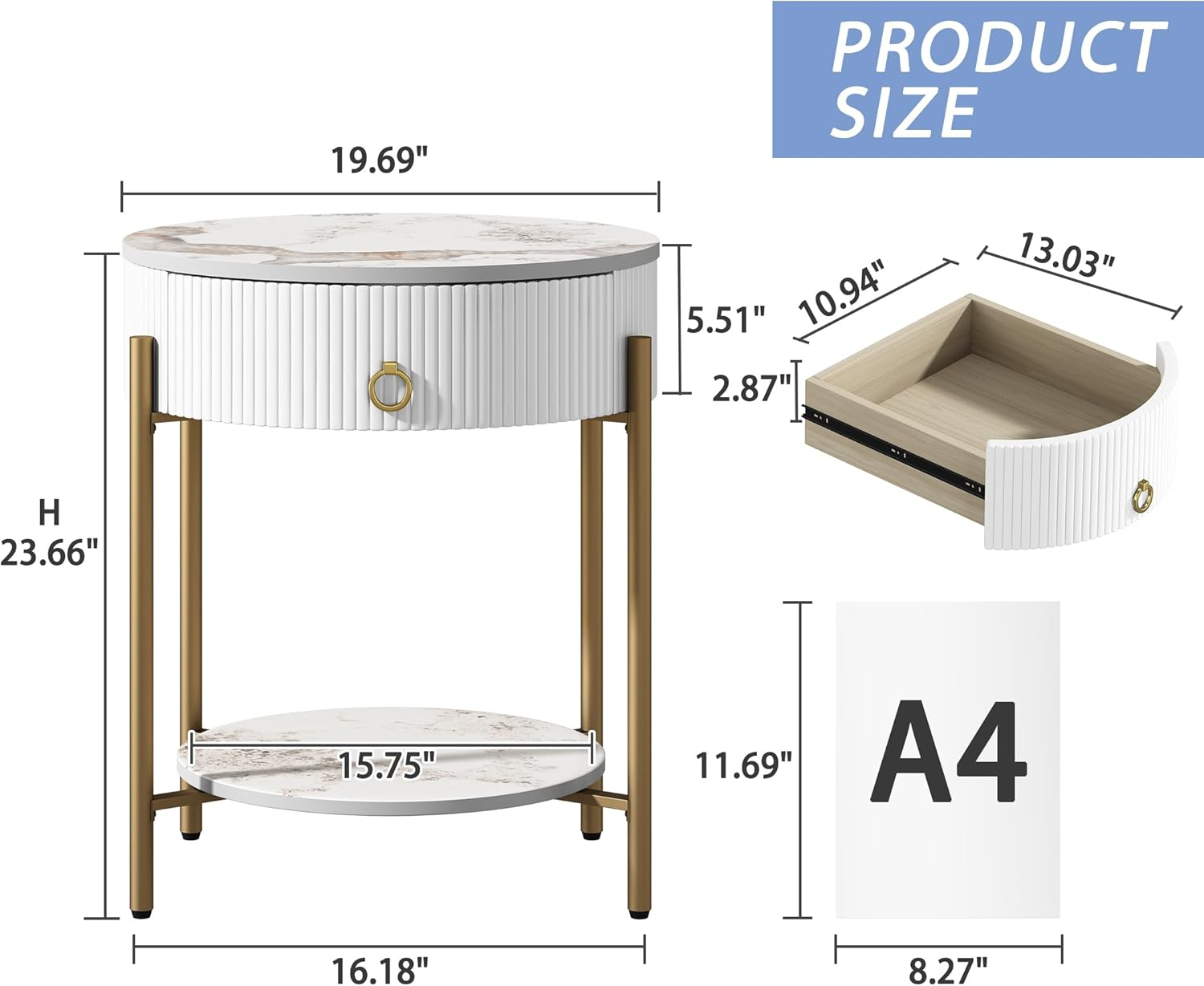 ASYA Gold End Table with Drawer, 2-Tier Nightstand Side Table with Natural Stone Top, Round Bedside Table Accent Table for Living Room Bedroom