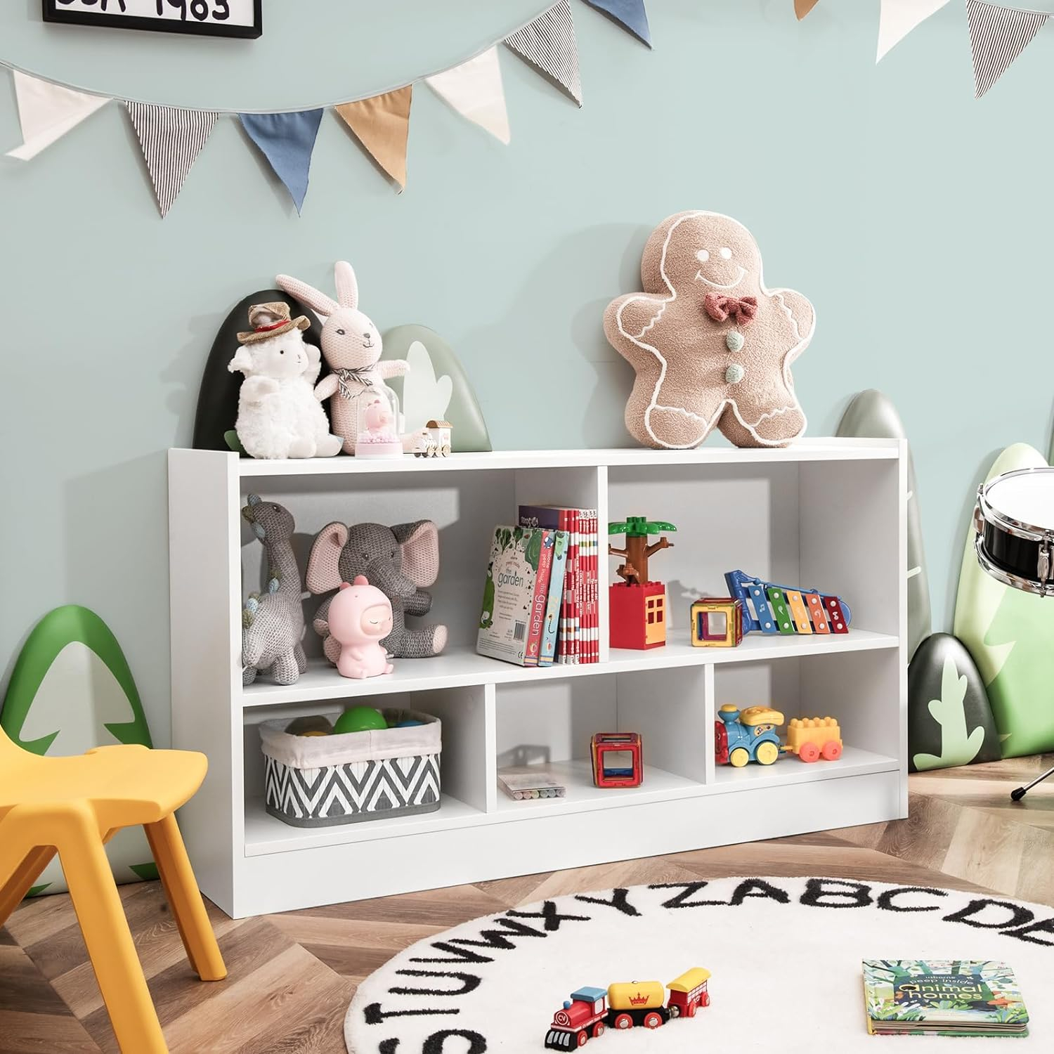 5 Cube Storage Organizer, 2-Tier Horizontal Bookshelf, Wooden Display Book Shelves for Home Office Classroom, Low Bookcase Under Window (White, 44” x 12” x 24”)