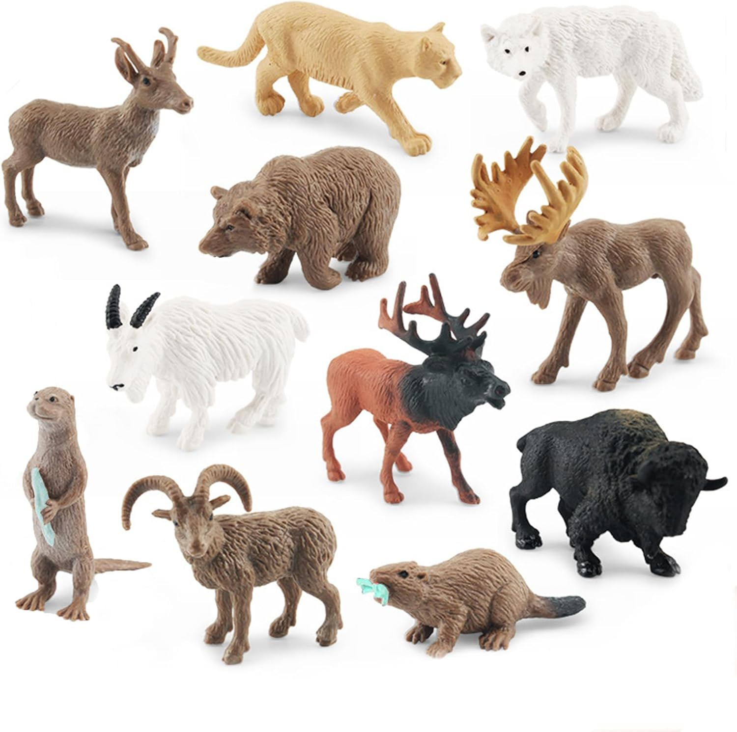 1-2 Inch North American Animals Set Mini Wild Animals Figurines Set Plastic Wolf Figure Moose Figure Toy Gift for Kid Toddlers Raccoon Animals Cake Topper