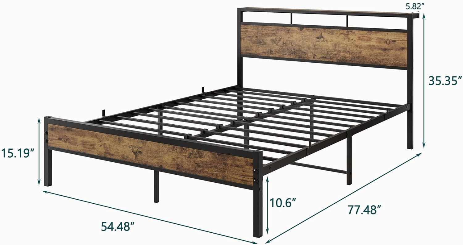 LegaHome Full Bed Frame, Metal Platform Bed with Storage Headboard and Charging Station, Strong Slat Support, Full Size Bed Frame for Kids Teens Adults, No Box Spring Needed, Black