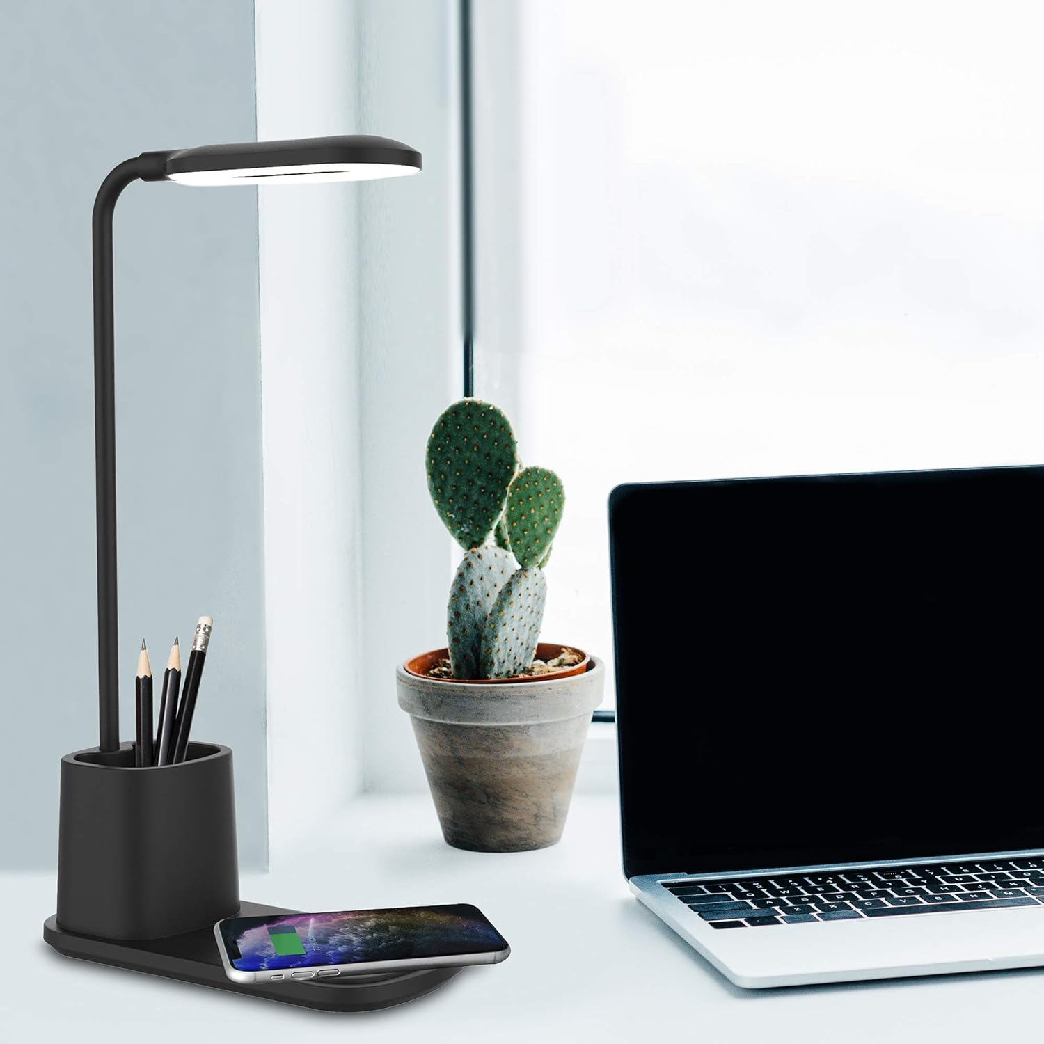 Aduro Lámpara de Escritorio LED U-Light con Cargador Inalámbrico y Organizador Negro