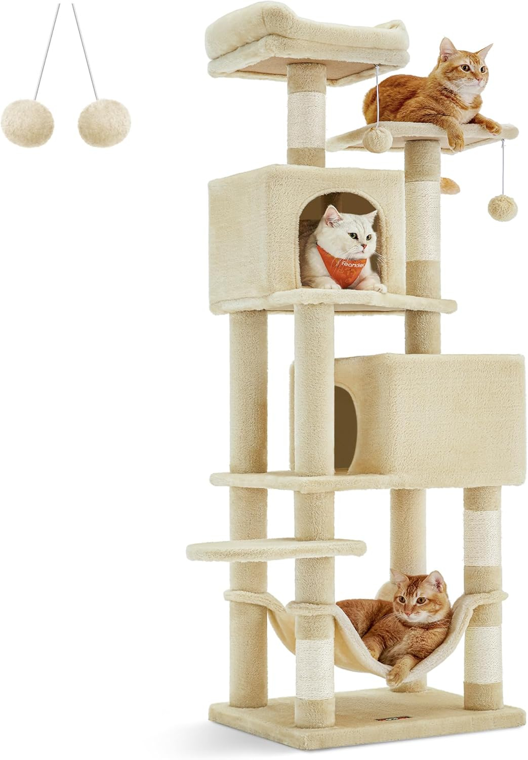 Feandrea Cat Tree, 61-Inch Cat Tower for Indoor Cats, Plush Multi-Level Cat Condo with 5 Scratching Posts, 2 Perches, 2 Caves, Hammock, 2 Pompoms, Jelly Pink UPCT192P01