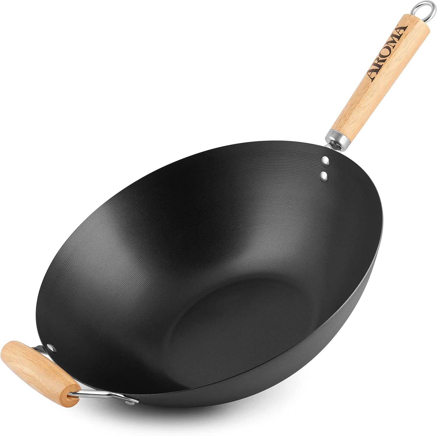 Aroma Housewares 14" Heavy Duty Carbon Steel Cookware (ANW-102) Non-Stick Wok, black