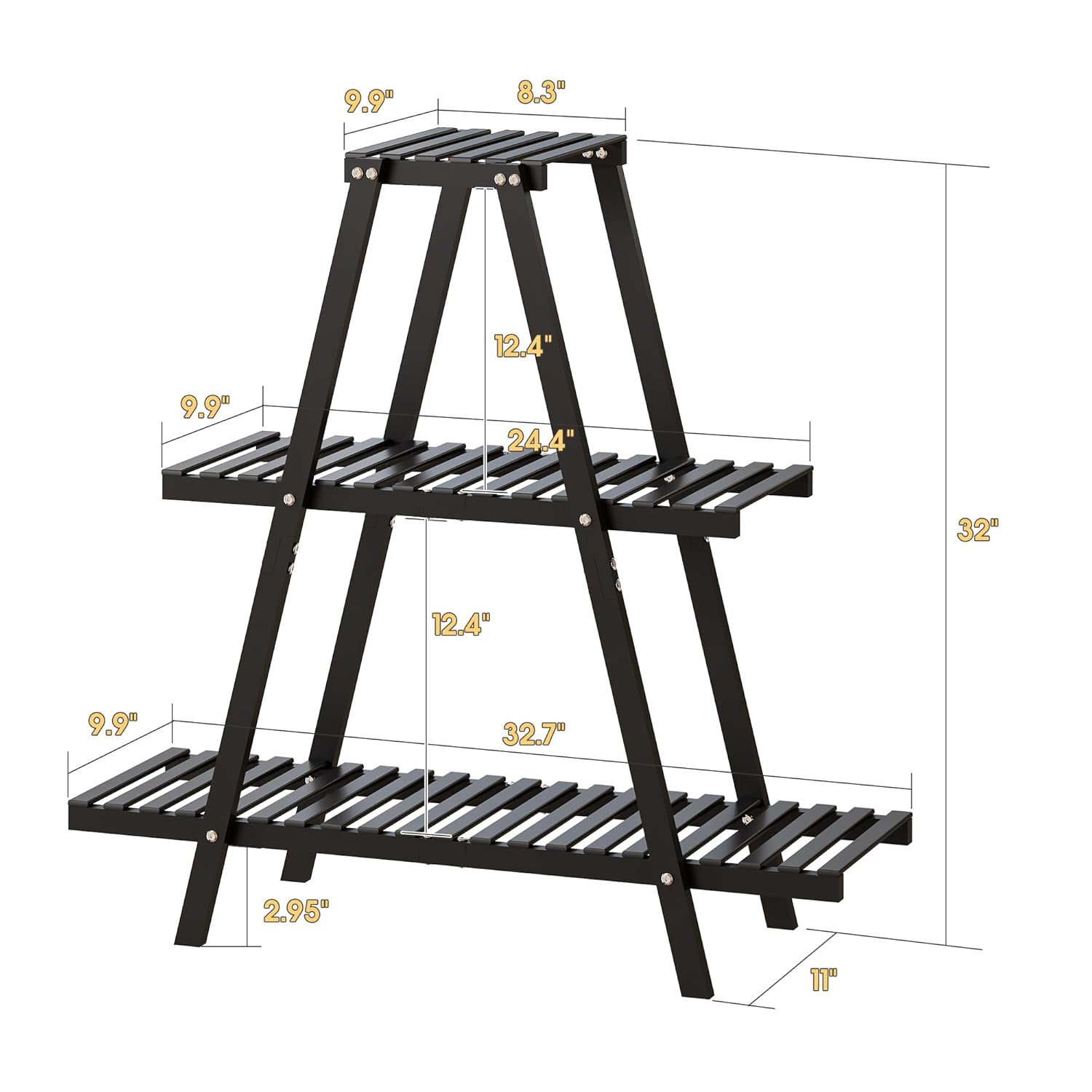 Bamboo Plant Stand Indoor/Outdoor, 3-Tier, Black, Rectangular, 8 Potted Flower Holder Ladder Plant Rack