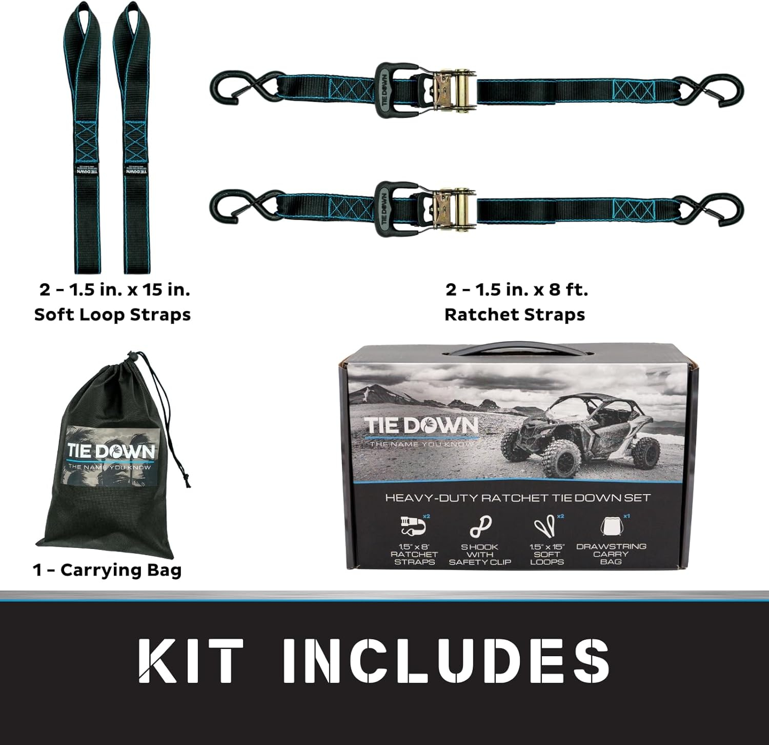Tie Down 1.5 inch x 8 ft Black Heavy Duty Ratchet Strap, 2-Pack Kit - 5208 lbs. Breaking Load Limit