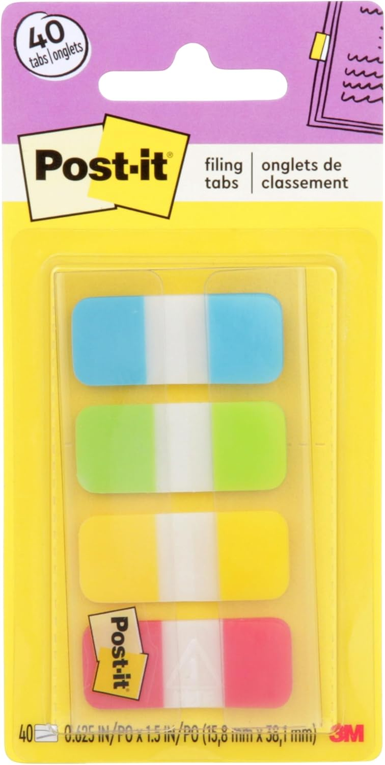 Post-it Tabs, .625", Aqua, Lime, Yellow, Red, 10/Color, 40/Dispenser