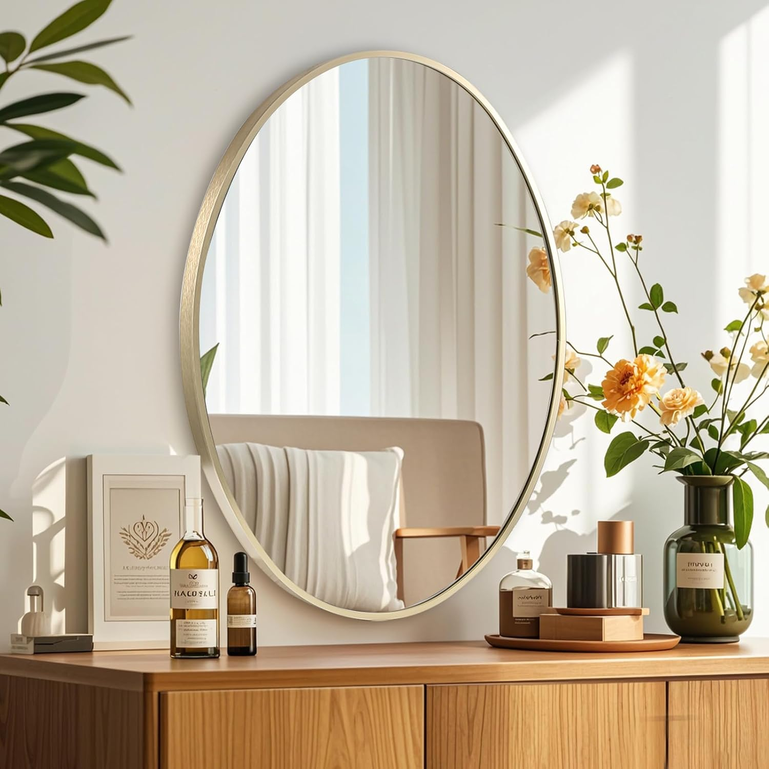 24x36 inch Oval Mirror, Brushed Gold Oval Wall Mirror, Metal Frame Pill Mirror, Gold Bathroom Mirrors for Over Sink, Entryway, Bedroom, Living Room(Horizontally or Vertically)