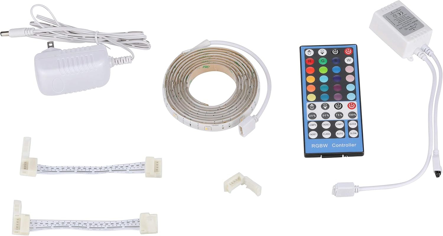 Good Earth Lighting RGB + Warm White LED 6ft Plug-in Tape Light with Multi-Function IR Remote, Flexible, Cuttable and Rejoinable, Remote Dimming, White