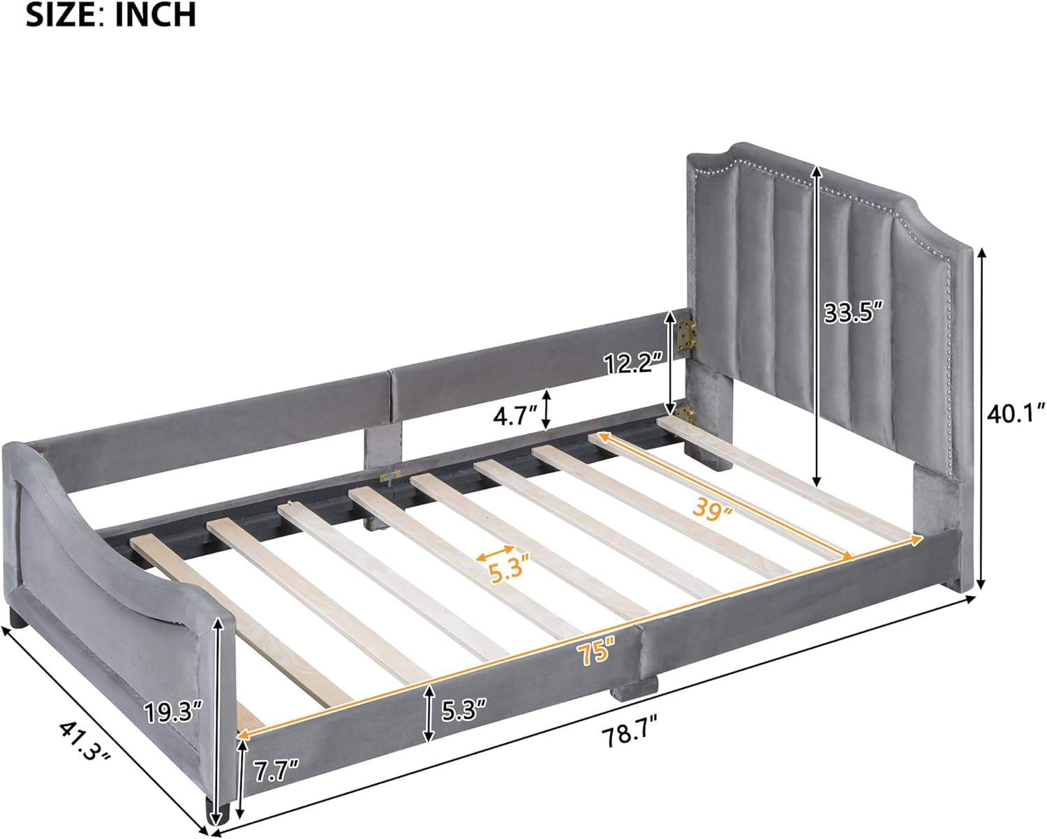 Twin Size Upholstered Bed with Belgrave Headboard, Low Platform Bed Frame with Rails, Kids Velvet Daybed with Slats Support for Girls Boys Teens, Gray