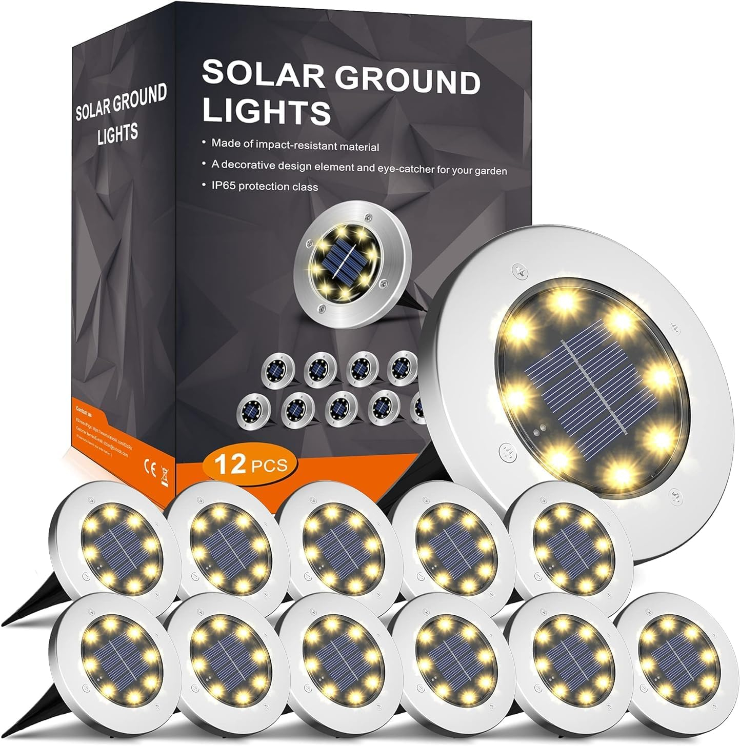 8 LED Garden Lights Solar Powered,Disk Lights Waterproof In-Ground Outdoor Landscape Lighting for Patio Pathway Lawn Yard Deck Driveway Walkway,Warm White 12 Packs