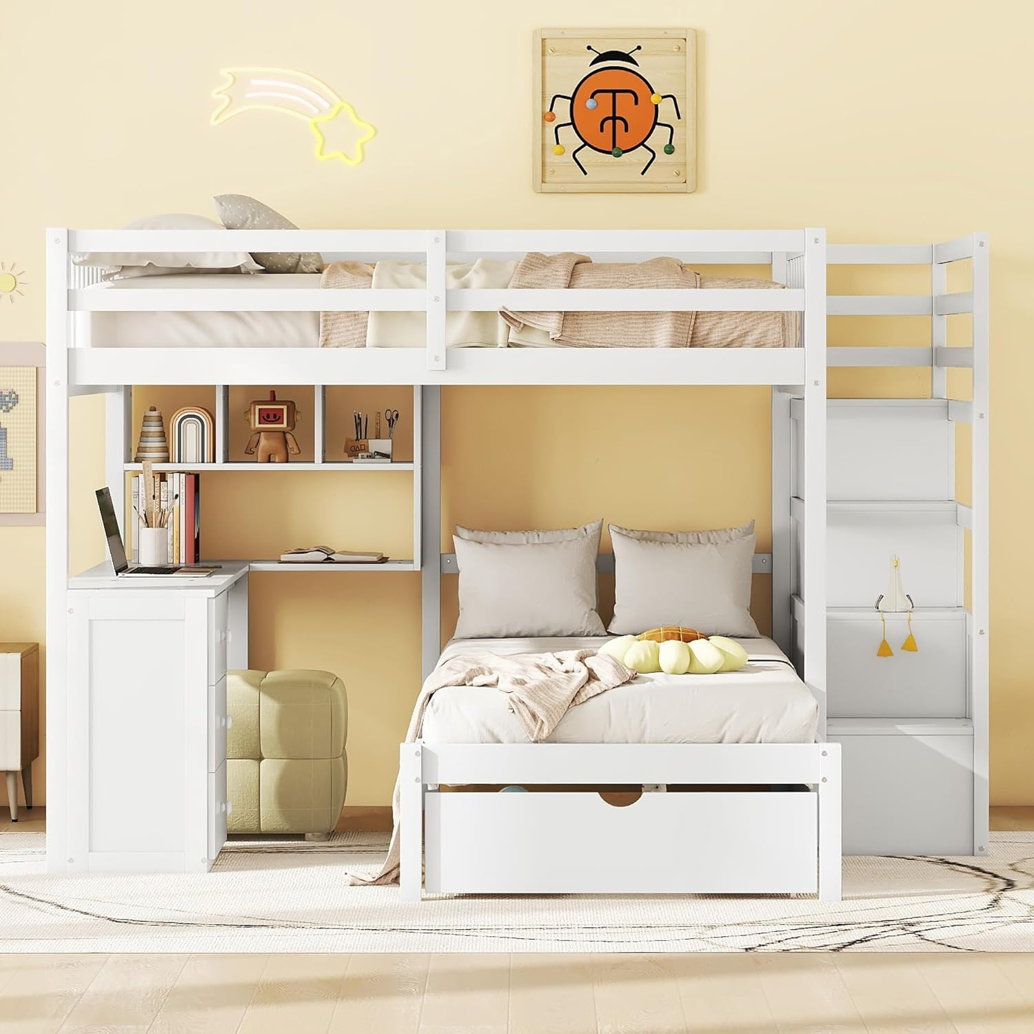 Harper & Bright Designs Full Over Twin Bunk Bed with Stairs, Storage Drawers, Full Size Loft Bed Frame with Desk and Shelves, White