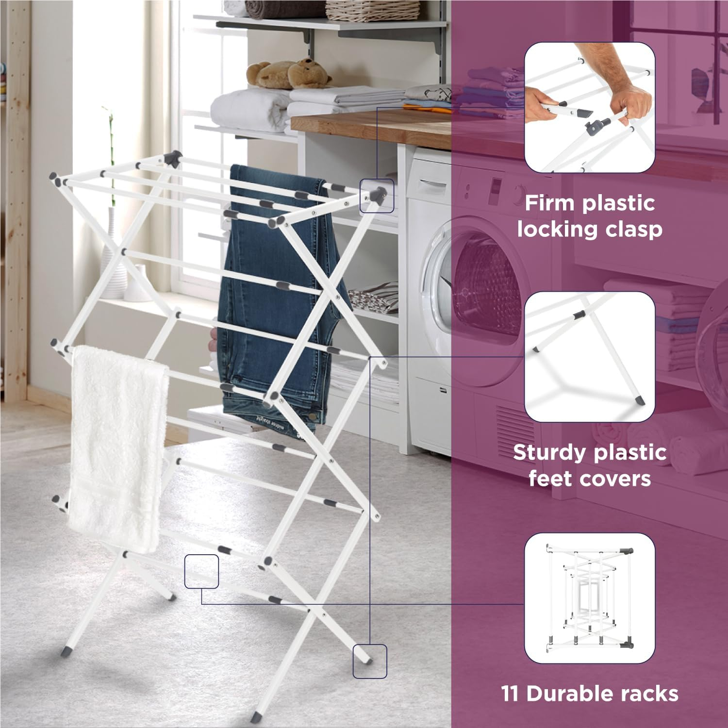 White Steel 3-Tier Collapsible Clothes Drying Rack