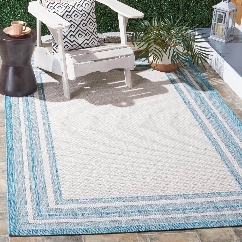 SAFAVIEH Courtyard Ercan Bordered Indoor/Outdoor Area Rug, Ivory/Aqua, 4' x 5'7"