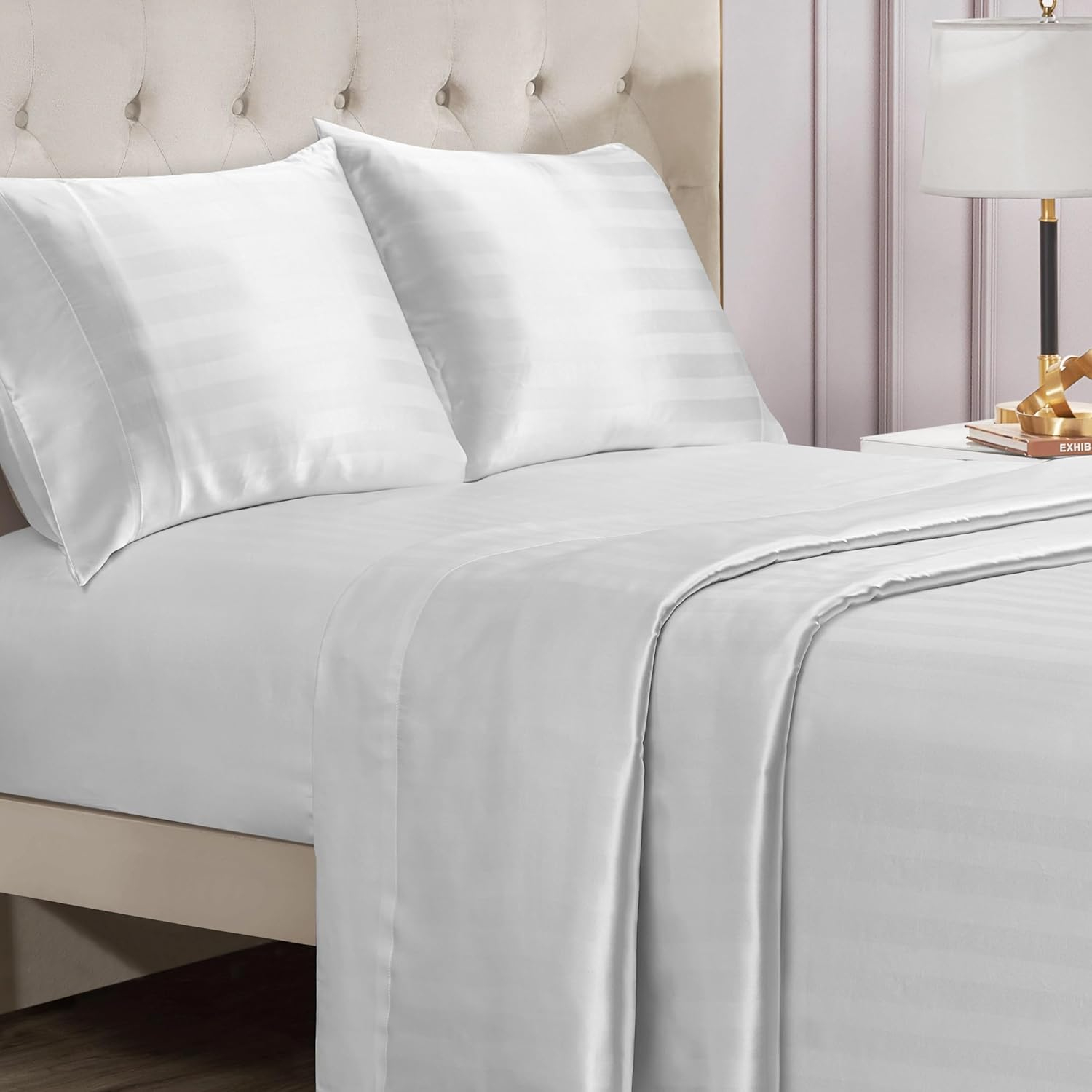 Brilliant White Satin Damask Twin XL Microfiber Sheet Set