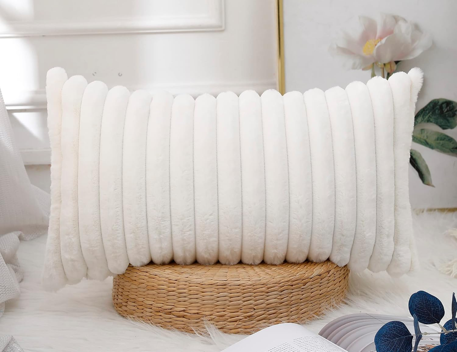 White Faux Fur Modern Lumbar Pillow Cover 12 x 24